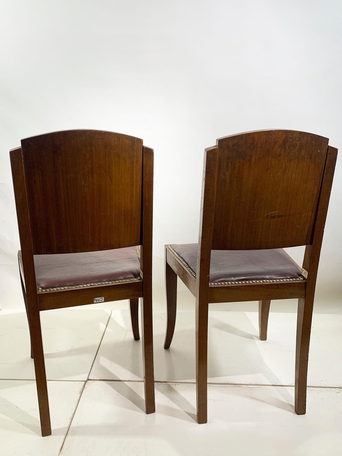 photo buy Set Of 6 Art Deco Dining Chairs In Walnut And Burgundy Leather, France, 1930's