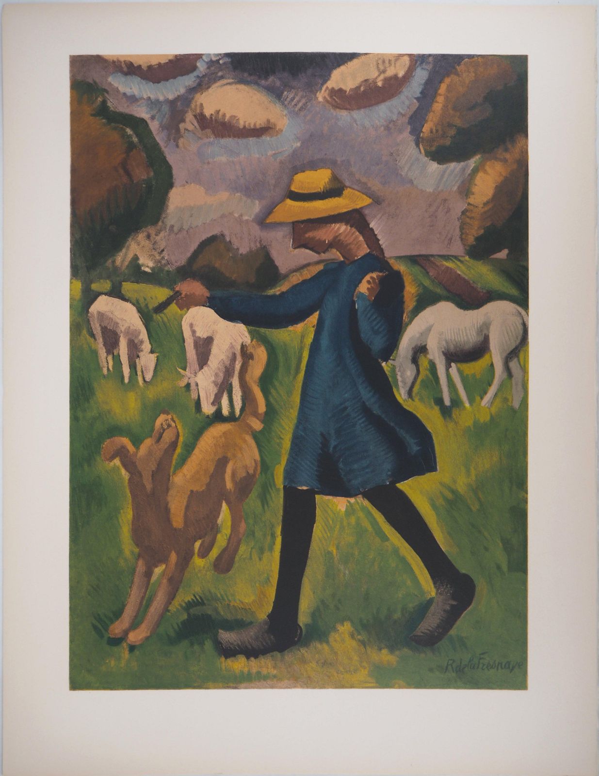 Roger De La Fresnayecountryside : Girl Playing With A Dog   Lithograph, Mourlot photo for sale