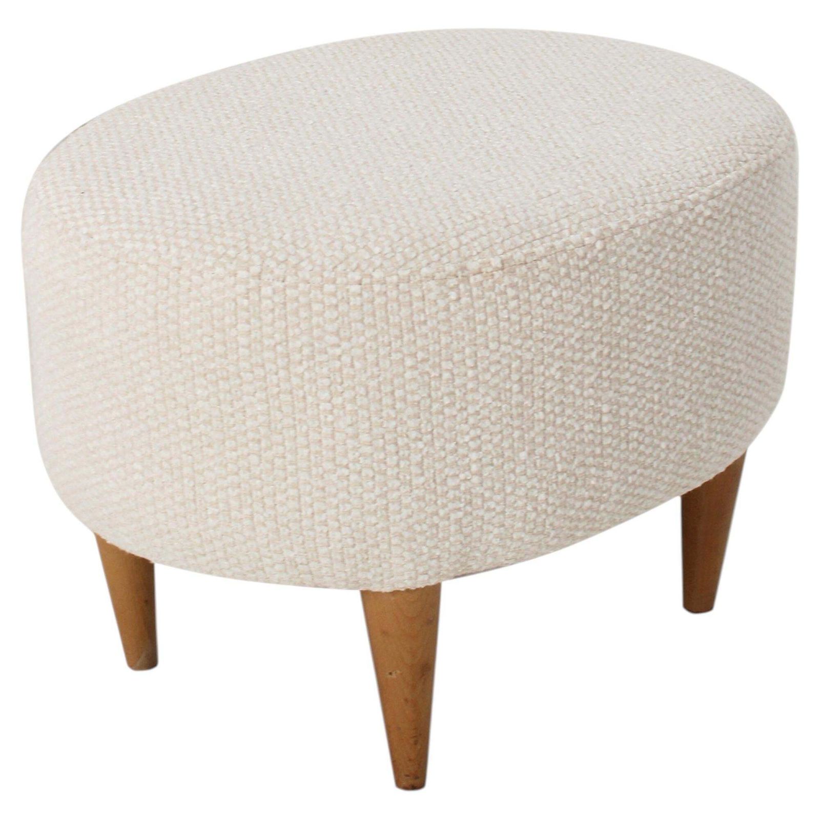 Cream Upholstered Footstool With Wooden Legs, Italy, 1960.
