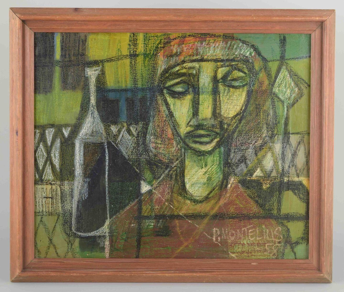 Pelle Montelius. Huile sur toile. Composition moderne avec figure et bouteille. photo furniture