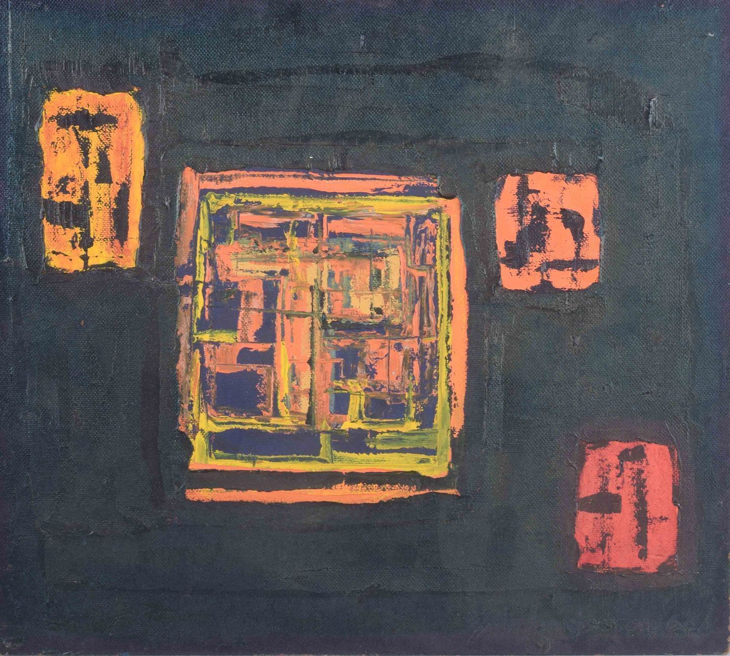 Artiste scandinave. Composition abstraite. Huile sur panneau. Datée 1966