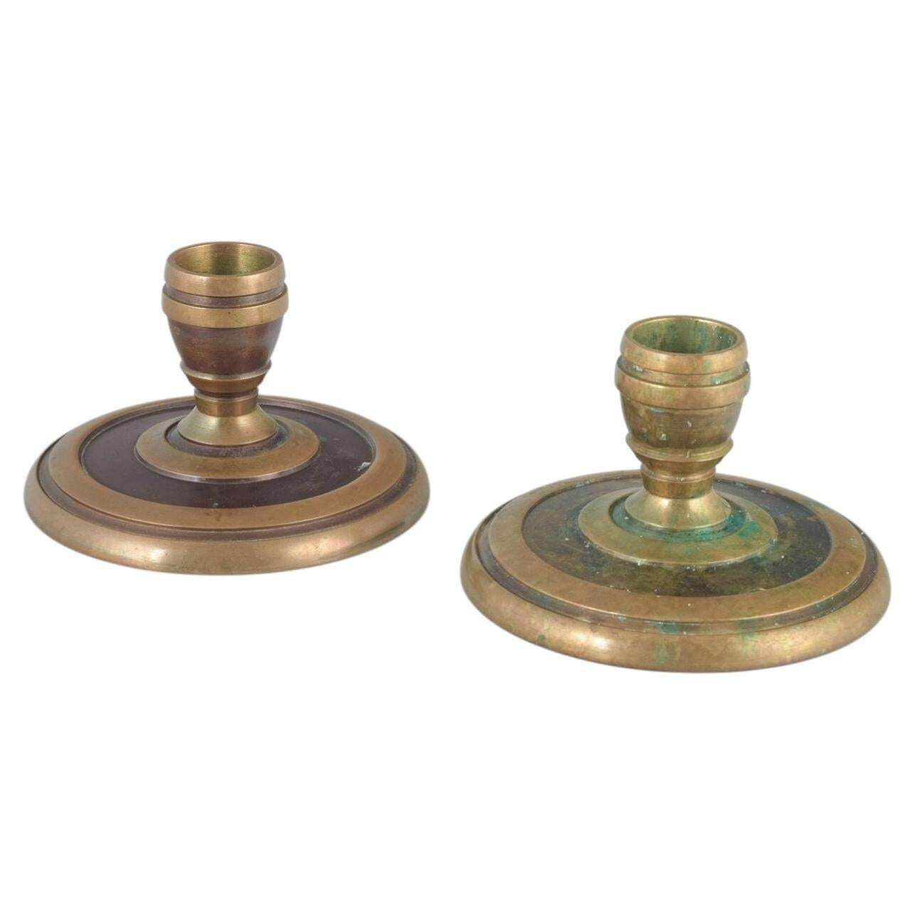 Cawa, Denmark. Two Solid Brass Candlesticks With Circular Base. Art Deco Style.
