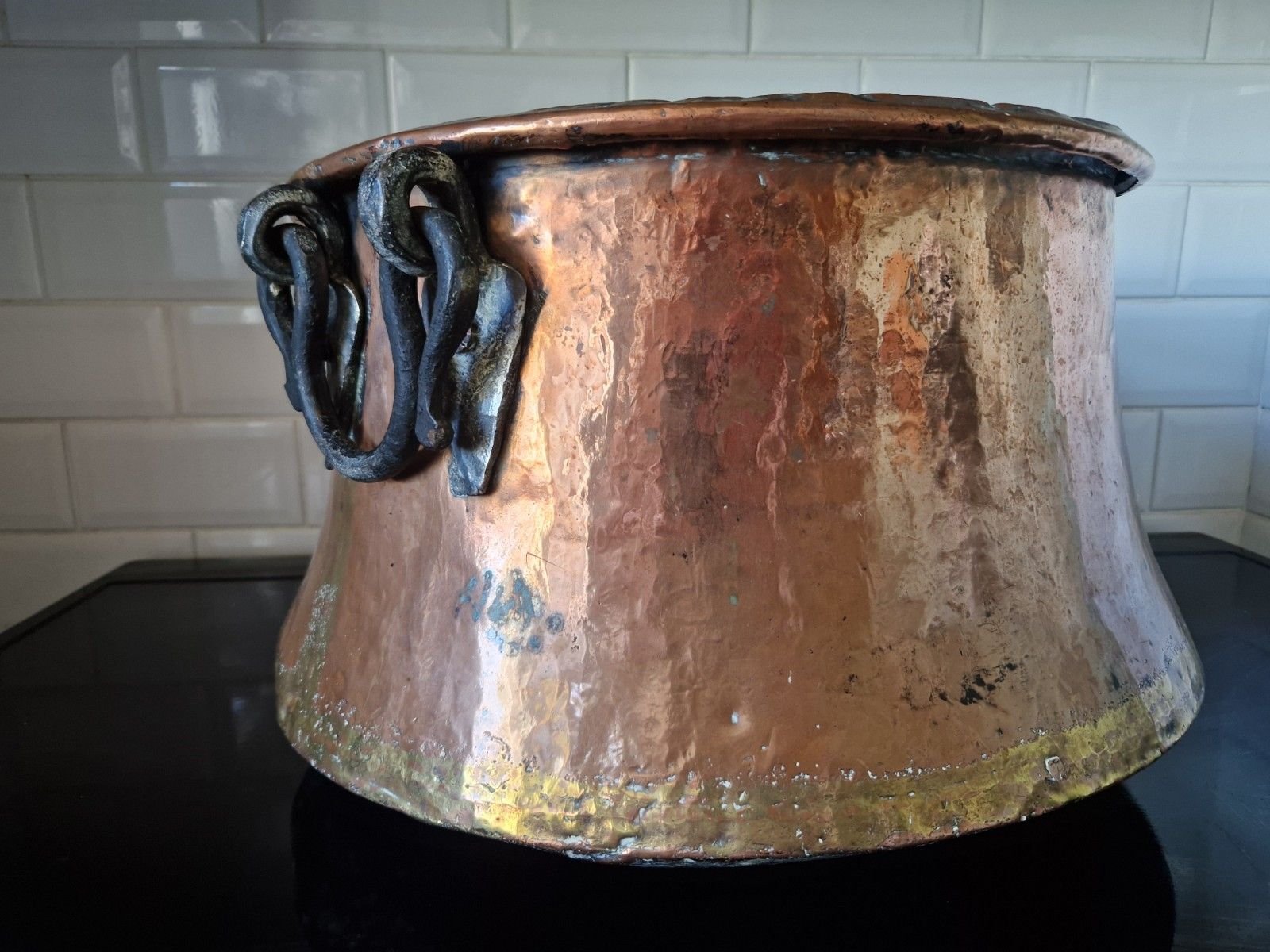 Antique Huge Large Copper And Cast Iron Cauldron Cooking Pot Planter Early 19th photo for sale