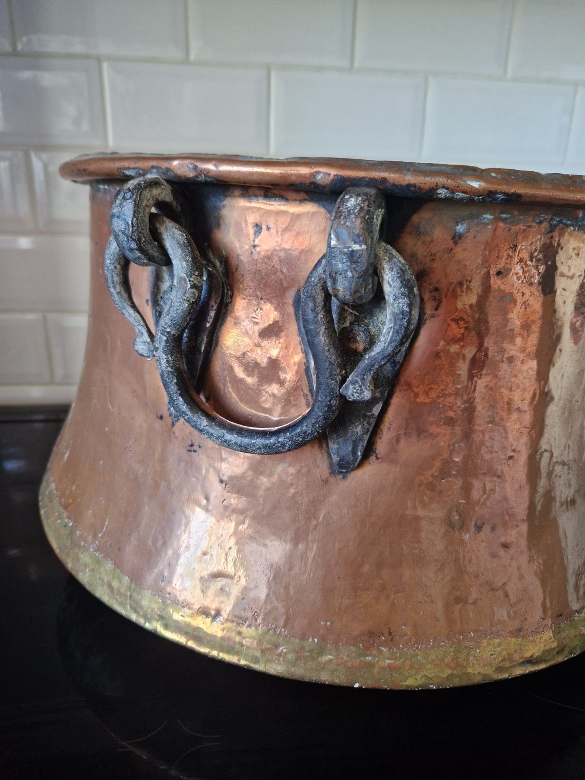 Antique Huge Large Copper And Cast Iron Cauldron Cooking Pot Planter Early 19th photo vinterior