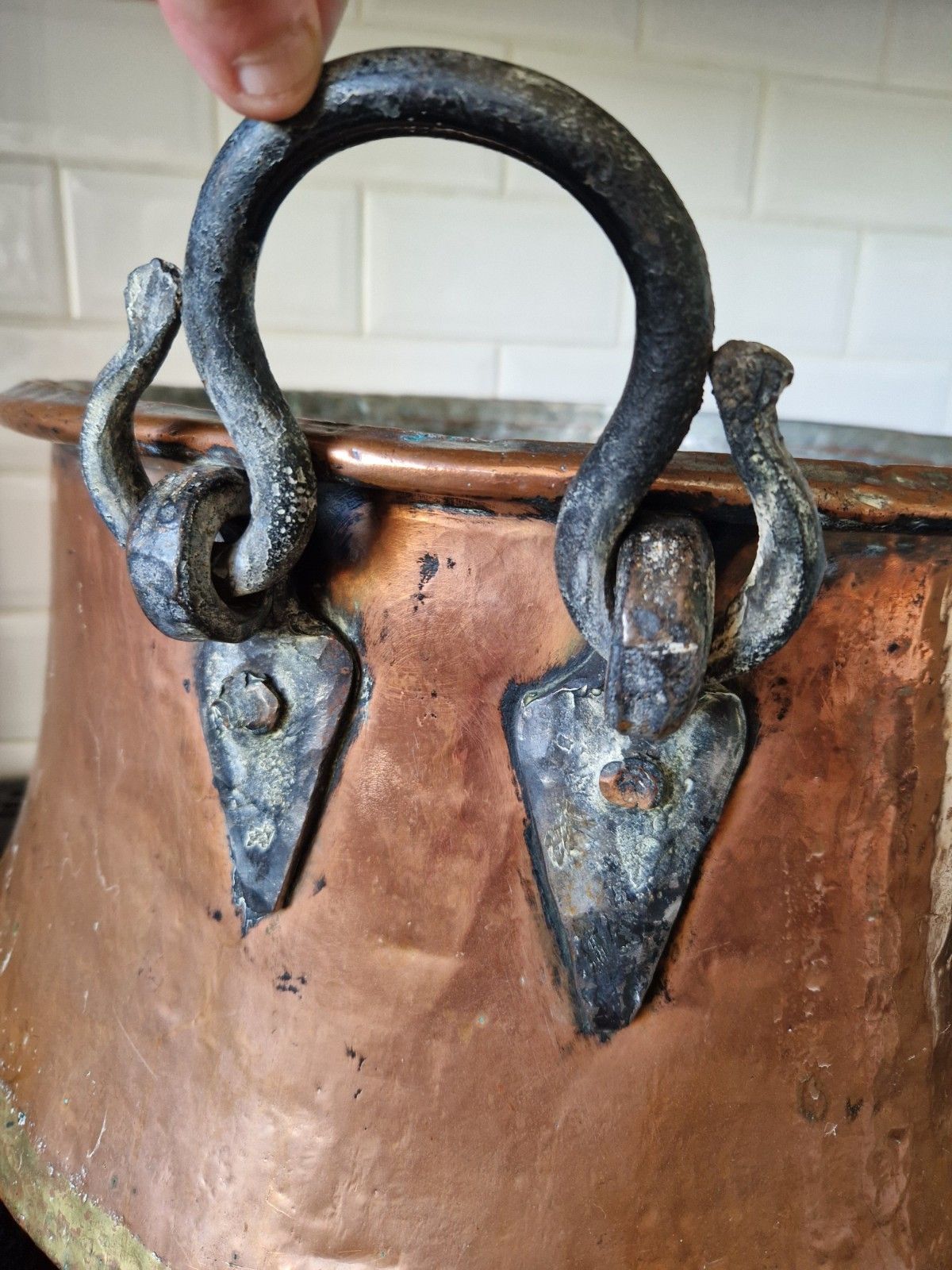photo furniture Antique Huge Large Copper And Cast Iron Cauldron Cooking Pot Planter Early 19th