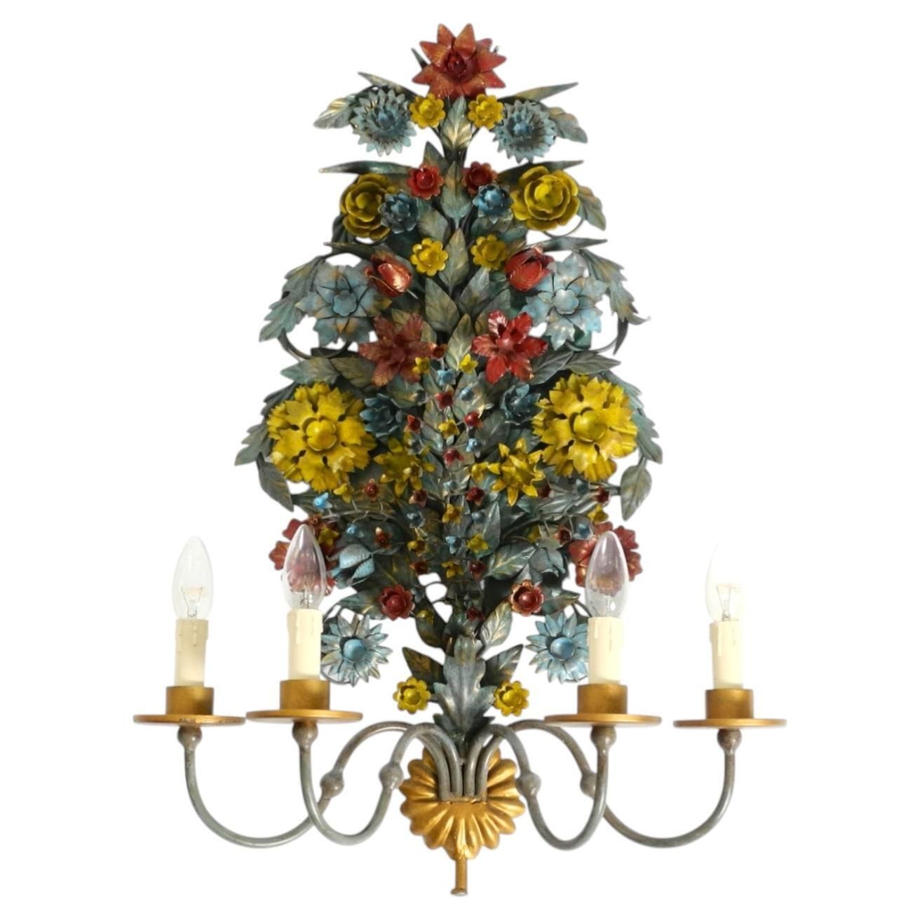 Huge, Beautiful 1960s Hand Painted And Gilded Metal Wall Lamp By Hans Möller