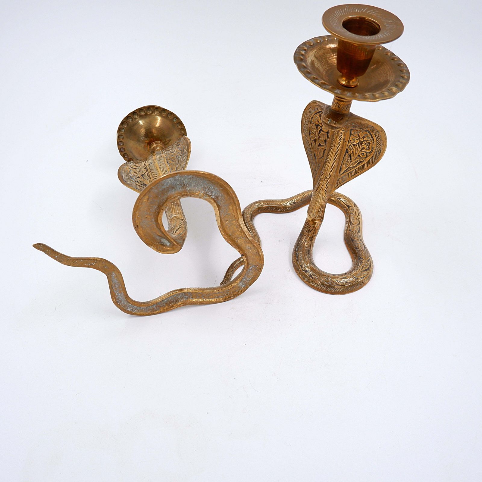 photo buy Pair Of Engraved Brass Cobra Candlesticks   Bohemian Style, 1960s