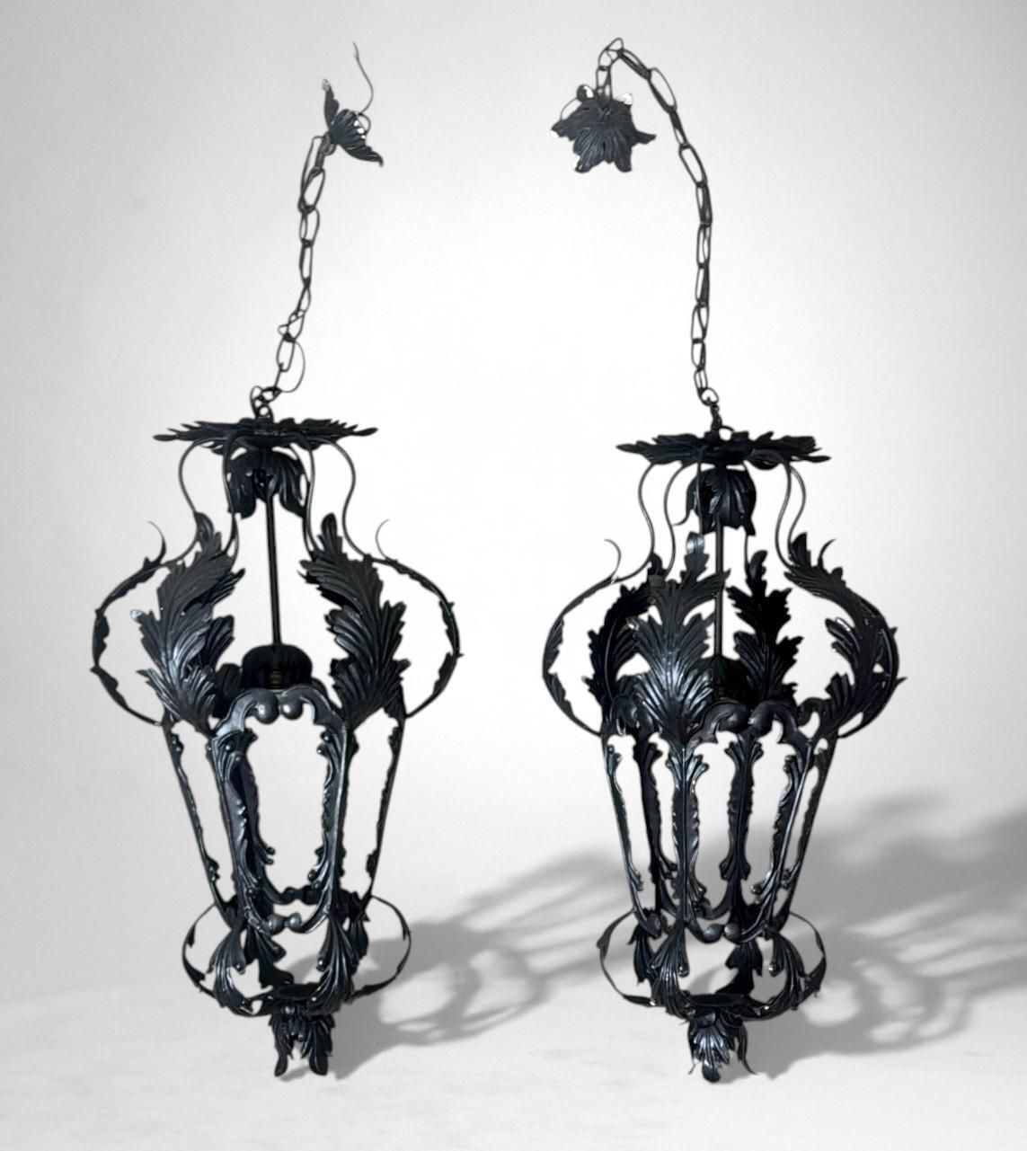 Italian Florentine Renaissance Revival Style Pair Italian Wrought Iron Lanterns photo for sale