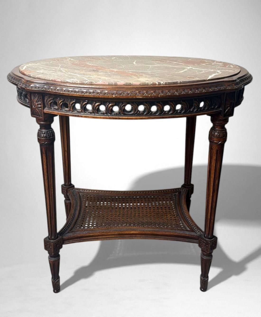 Neoclassical Italian Walnut Side Table With Marble Top And Vienna Straw Shelf photo Furniture