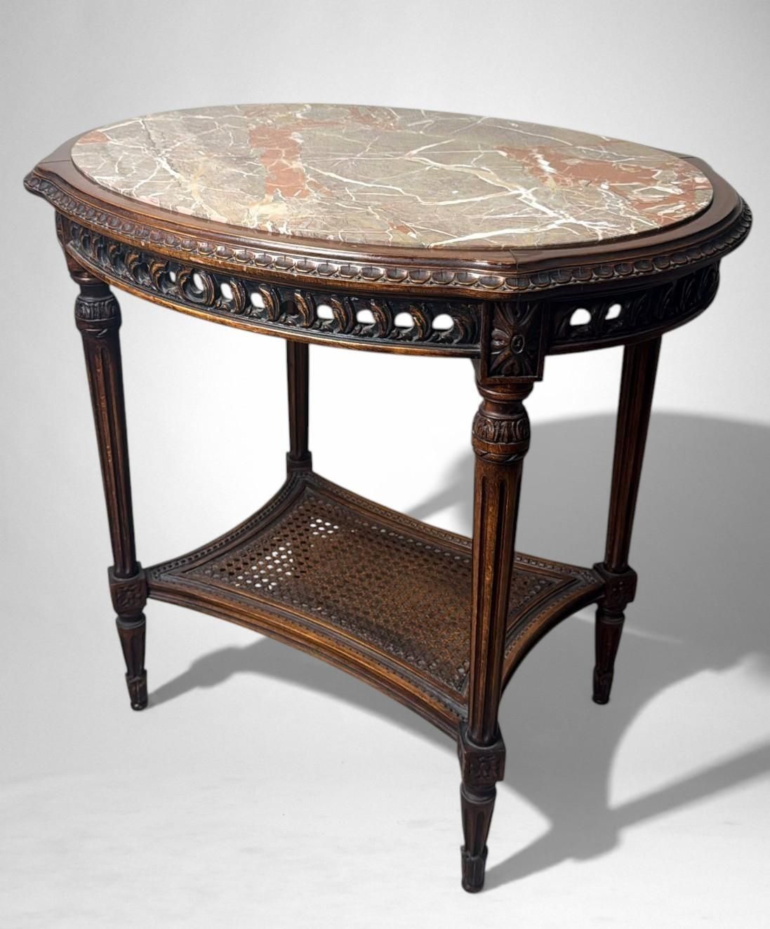 Neoclassical Italian Walnut Side Table With Marble Top And Vienna Straw Shelf photo 2121.0