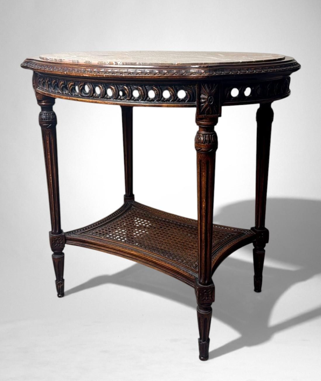 Neoclassical Italian Walnut Side Table With Marble Top And Vienna Straw Shelf photo vinterior