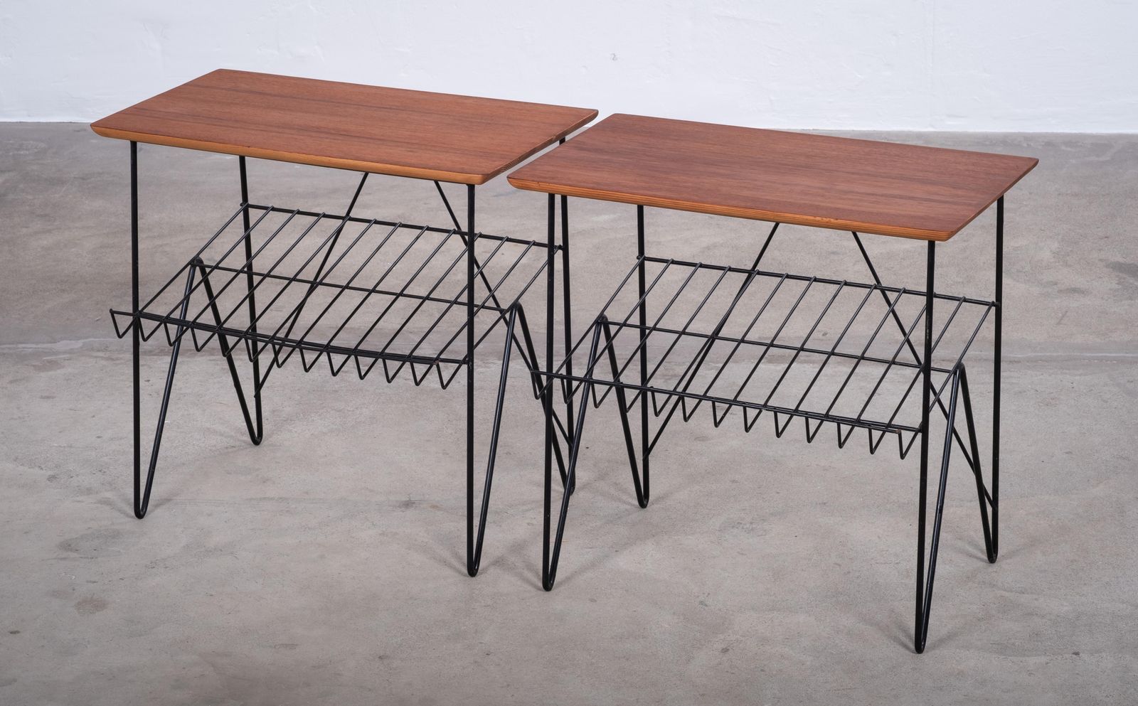 Pair Of Teak Side Tables With Magazine Rack And Metal Frame, Denmark, 1960s photo for sale