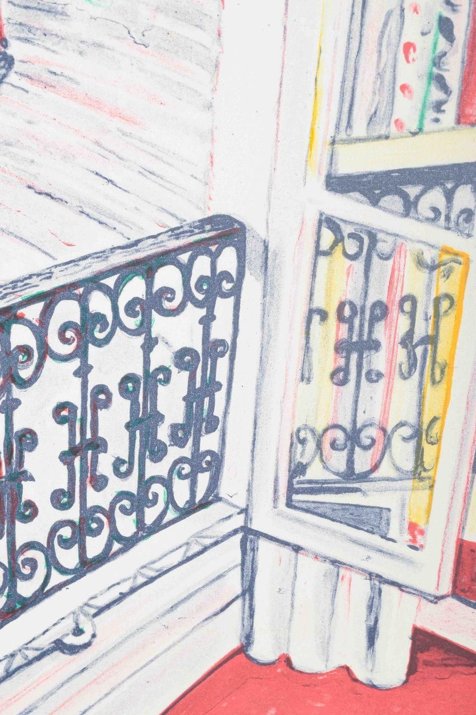 Søren Elgaard. Color Lithograph On Paper. Interior View With Balcony Door. photo Art