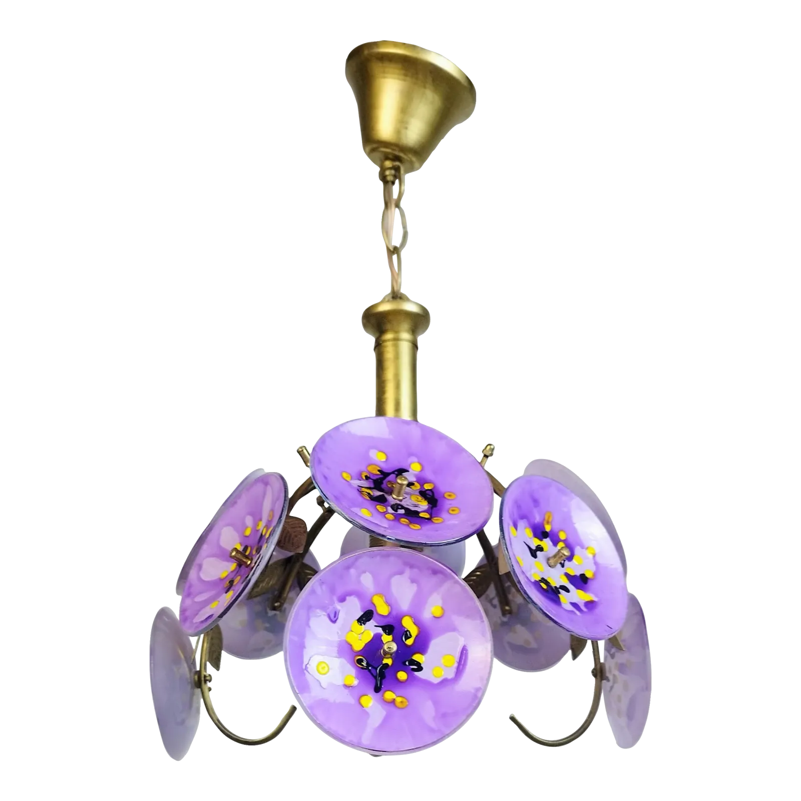 Vintage Floral Glass Chandelier Hand Painted Purple Ceiling Light One Of A Kind Statement Lighting