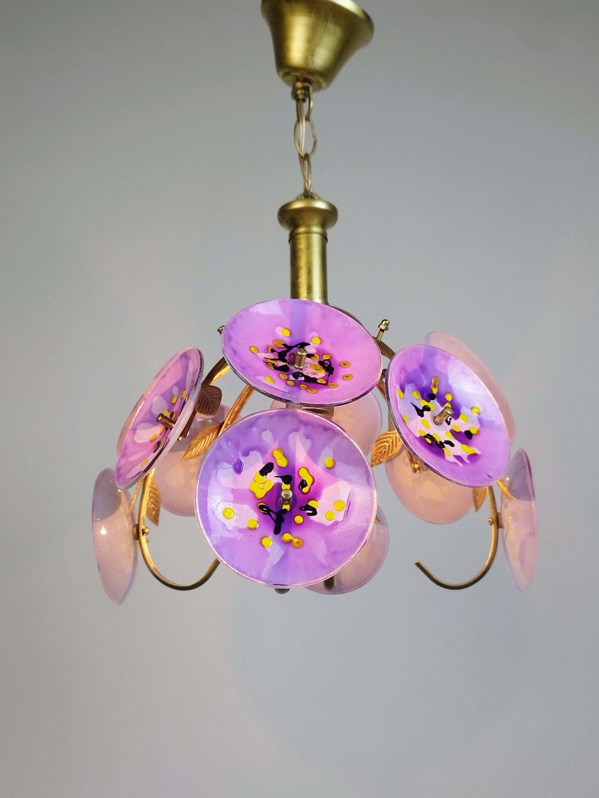 Vintage Floral Glass Chandelier Hand Painted Purple Ceiling Light One Of A Kind Statement Lighting photo 354.0