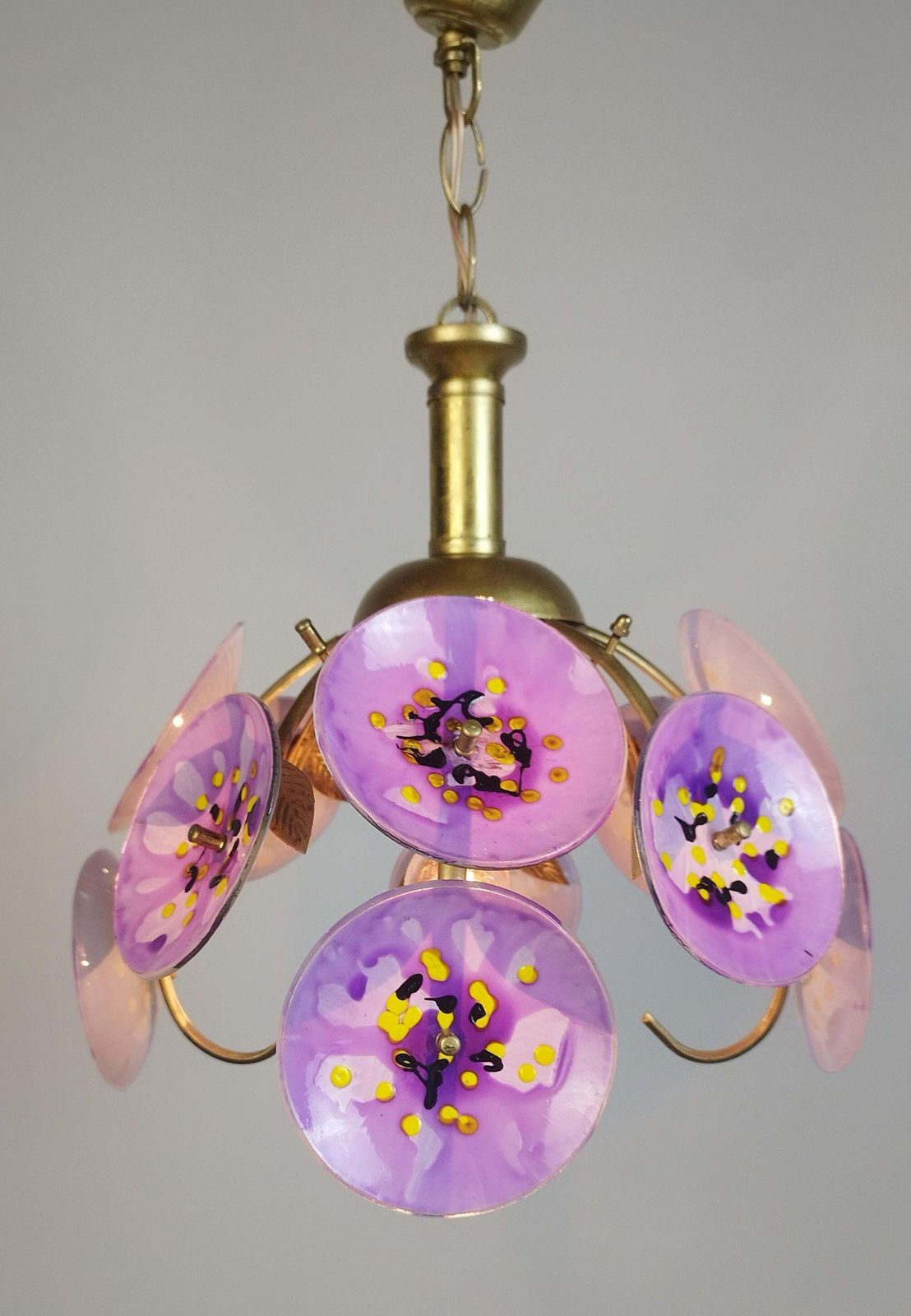 Vintage Floral Glass Chandelier Hand Painted Purple Ceiling Light One Of A Kind Statement Lighting photo vintage
