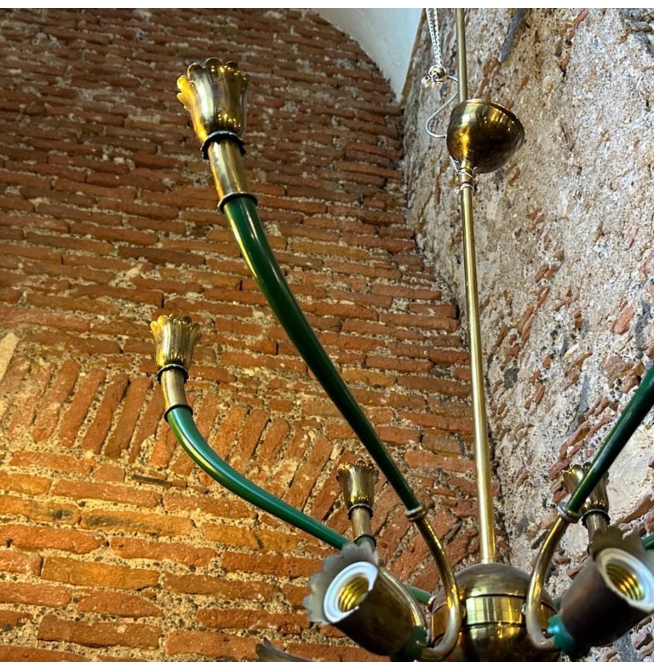 1960s Mid Century Modern Green Painted Metal And Brass Italian Chandelier photo 1150.0