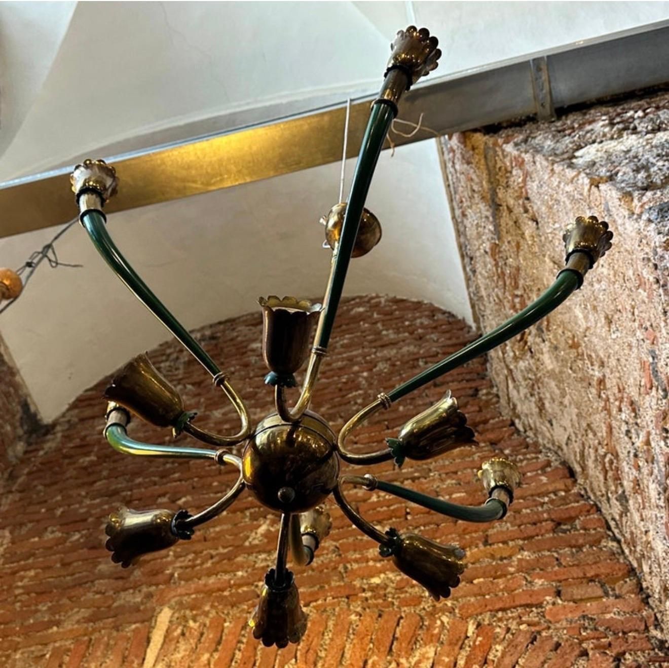 photo furniture 1960s Mid Century Modern Green Painted Metal And Brass Italian Chandelier