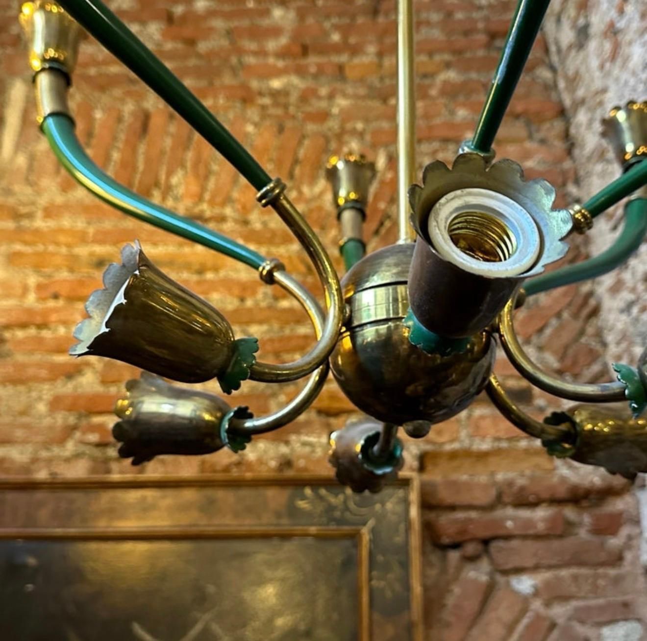 photo for sale 1960s Mid Century Modern Green Painted Metal And Brass Italian Chandelier
