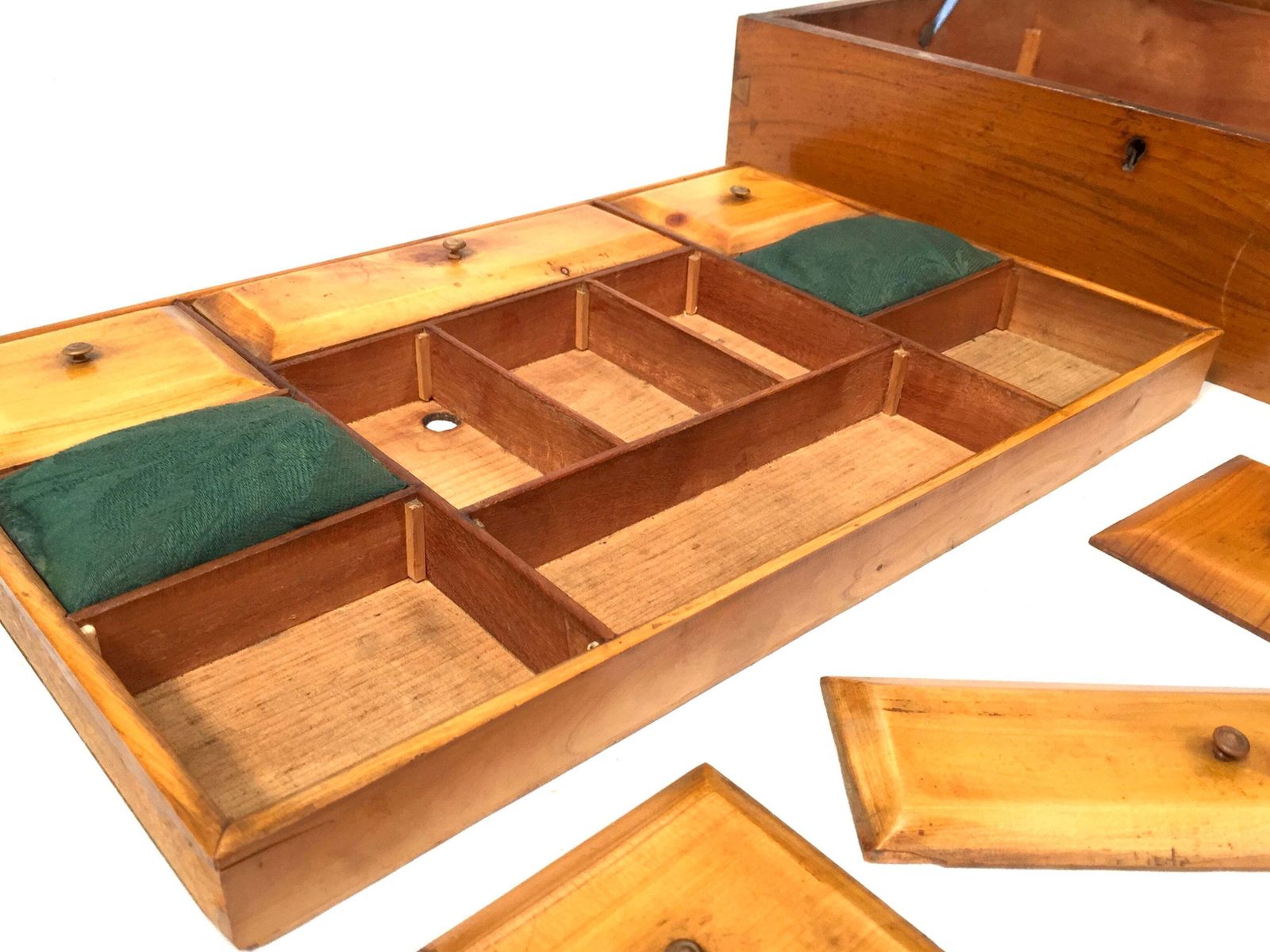 photo for sale Antique Wooden Inlaid Ladies Sewing Box / Storage Work Box / Sewing Cabinet