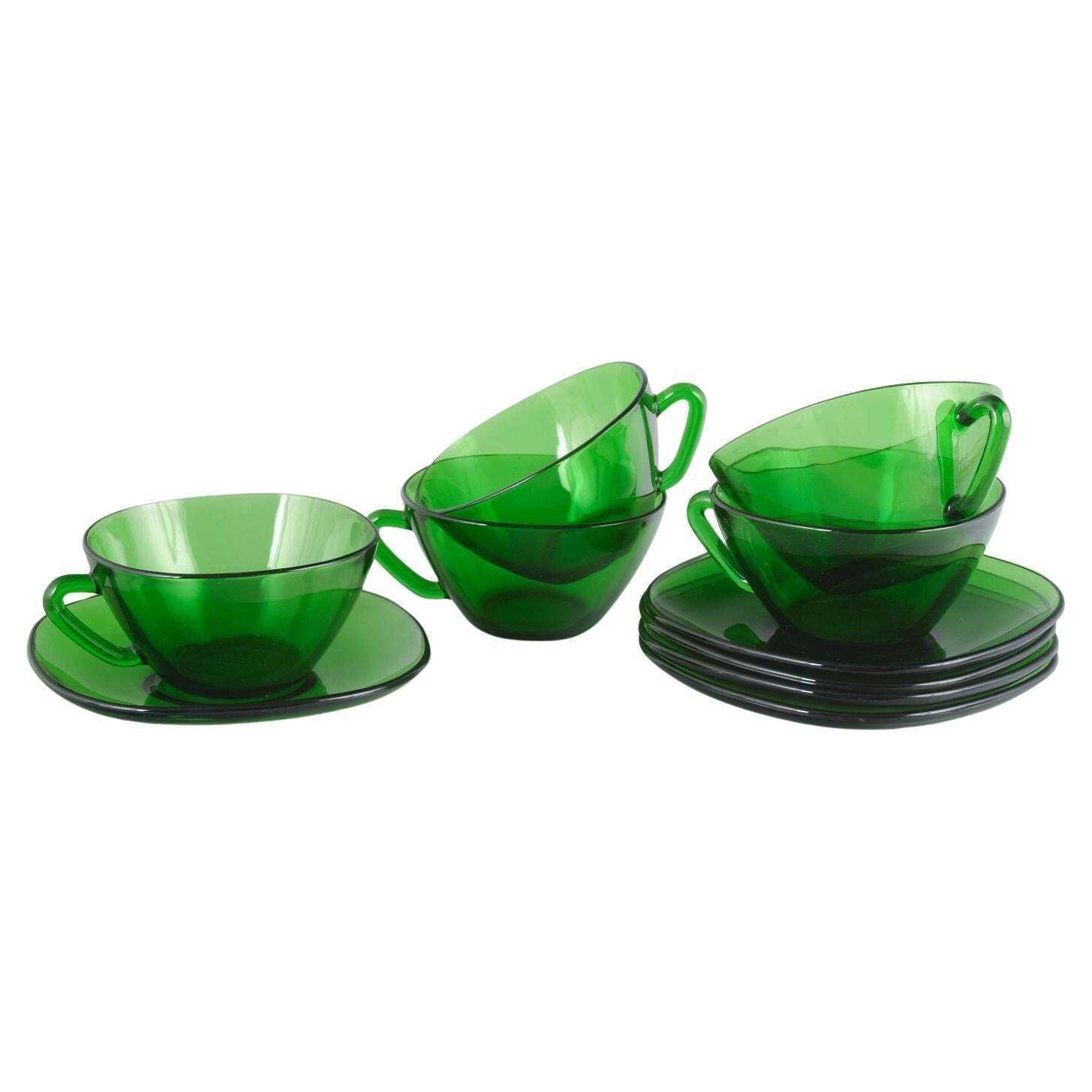 Vereco. Set Of Five Green Glass Tea Cups With Matching Saucers. 1970/80s