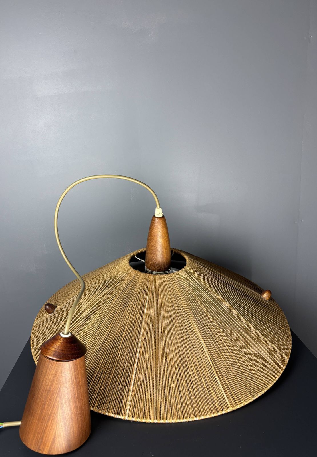 Large Mid Century Teak And Sisal Cord Pendant From Temde Leuchten, photo for sale