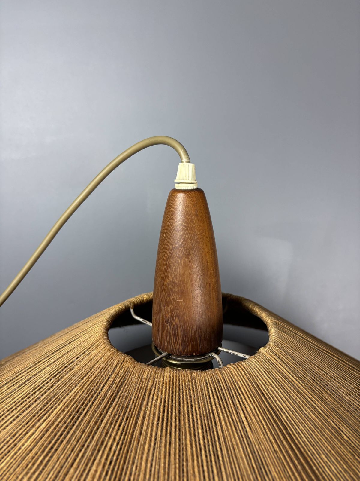 Large Mid Century Teak And Sisal Cord Pendant From Temde Leuchten, photo vinterior