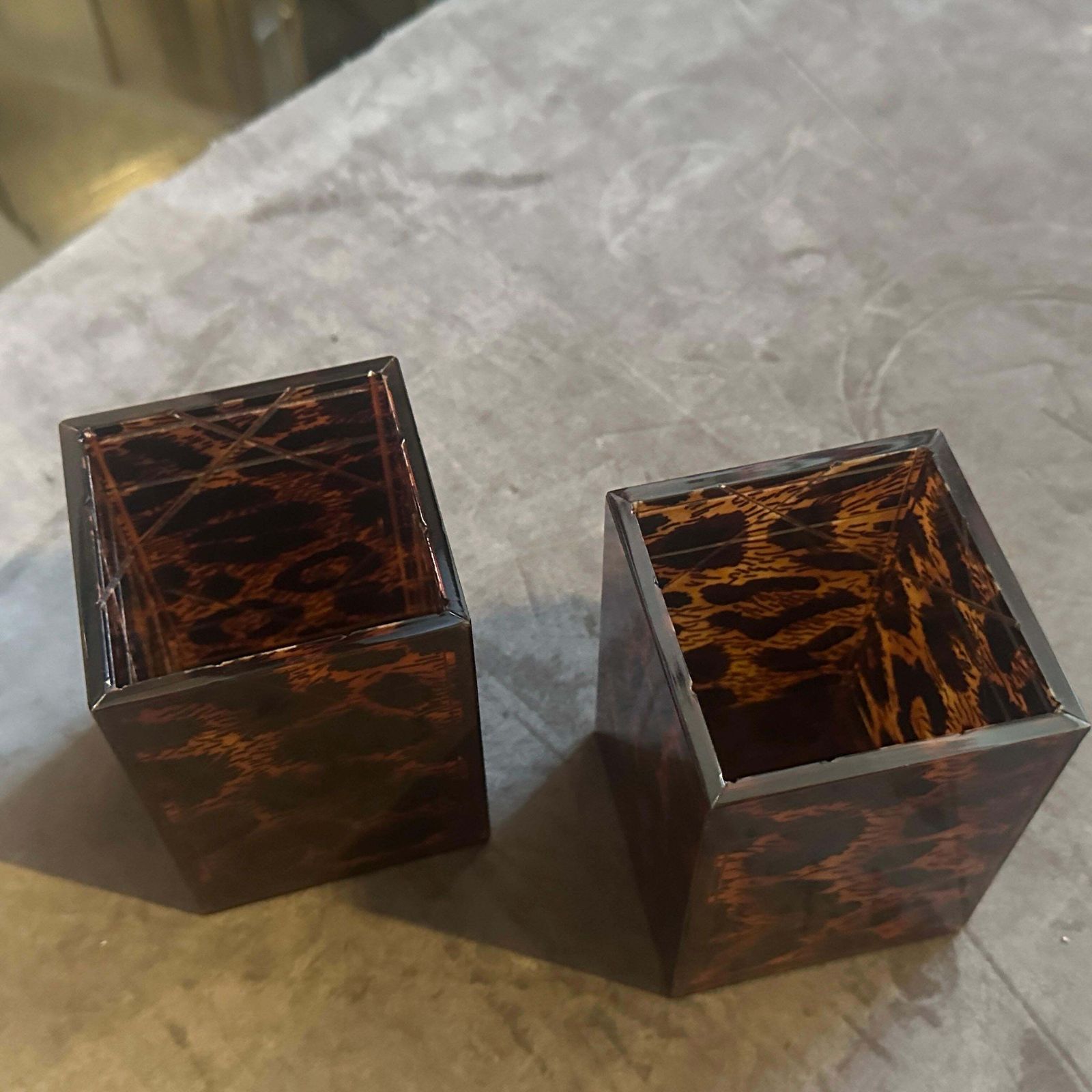 Two 1980s Mid Century Modern Faux Leopard Lucite Containers Signed Dior Home photo Home Decor