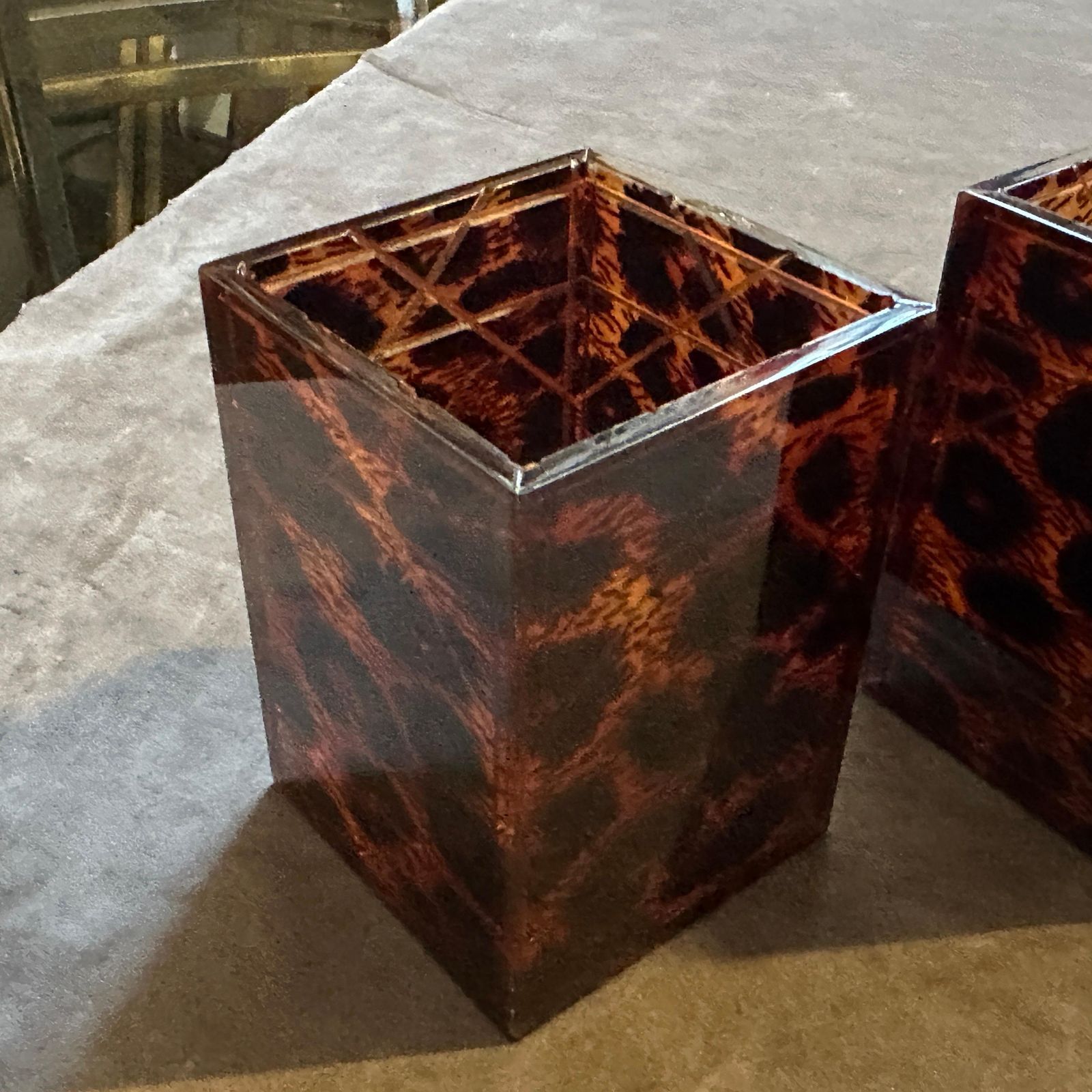 Two 1980s Mid Century Modern Faux Leopard Lucite Containers Signed Dior Home photo 664.0