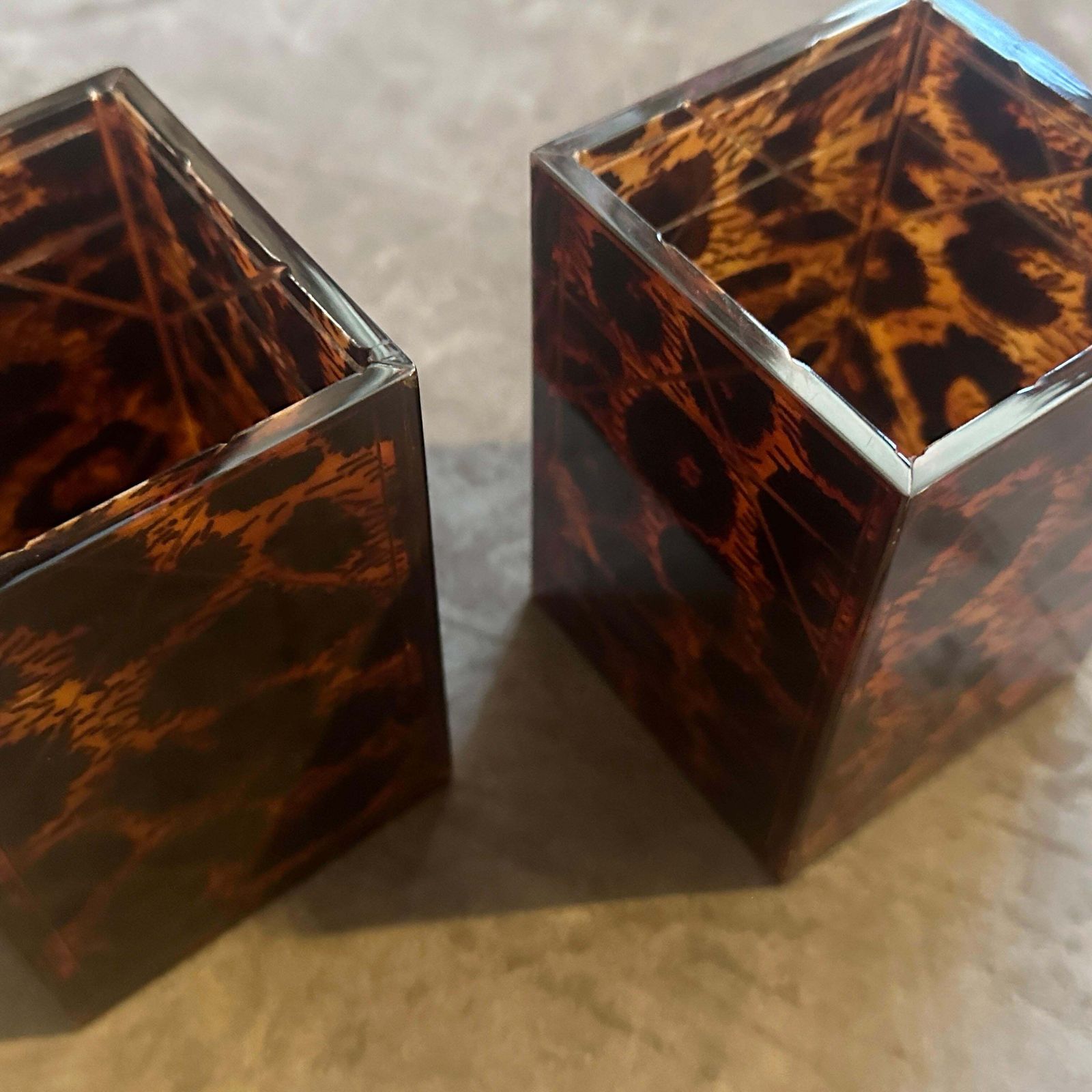 Two 1980s Mid Century Modern Faux Leopard Lucite Containers Signed Dior Home photo buy