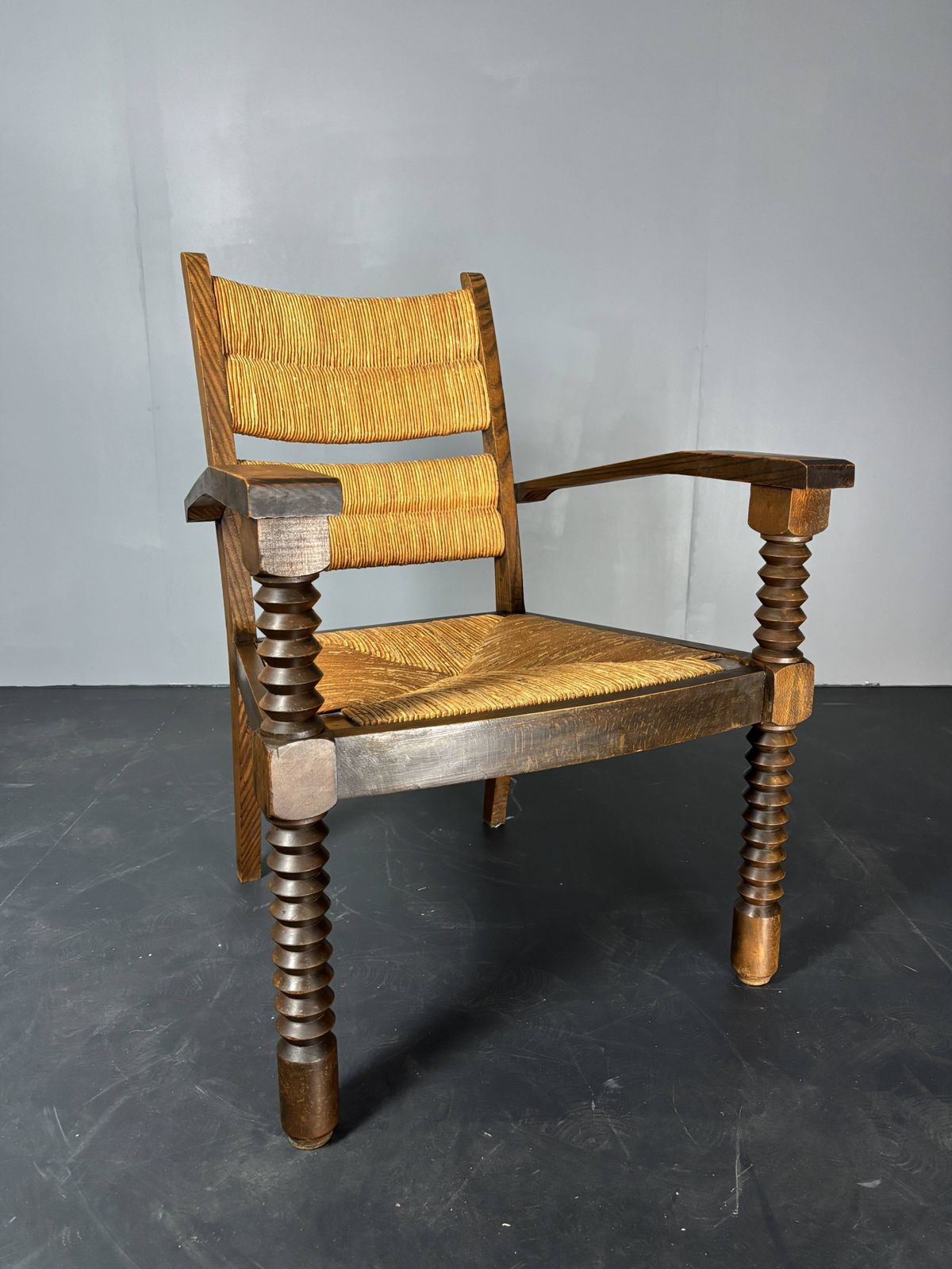 Wood Turned Rush Armchair In The Stye Of Charles Dudouyt, France 1950s photo Furniture
