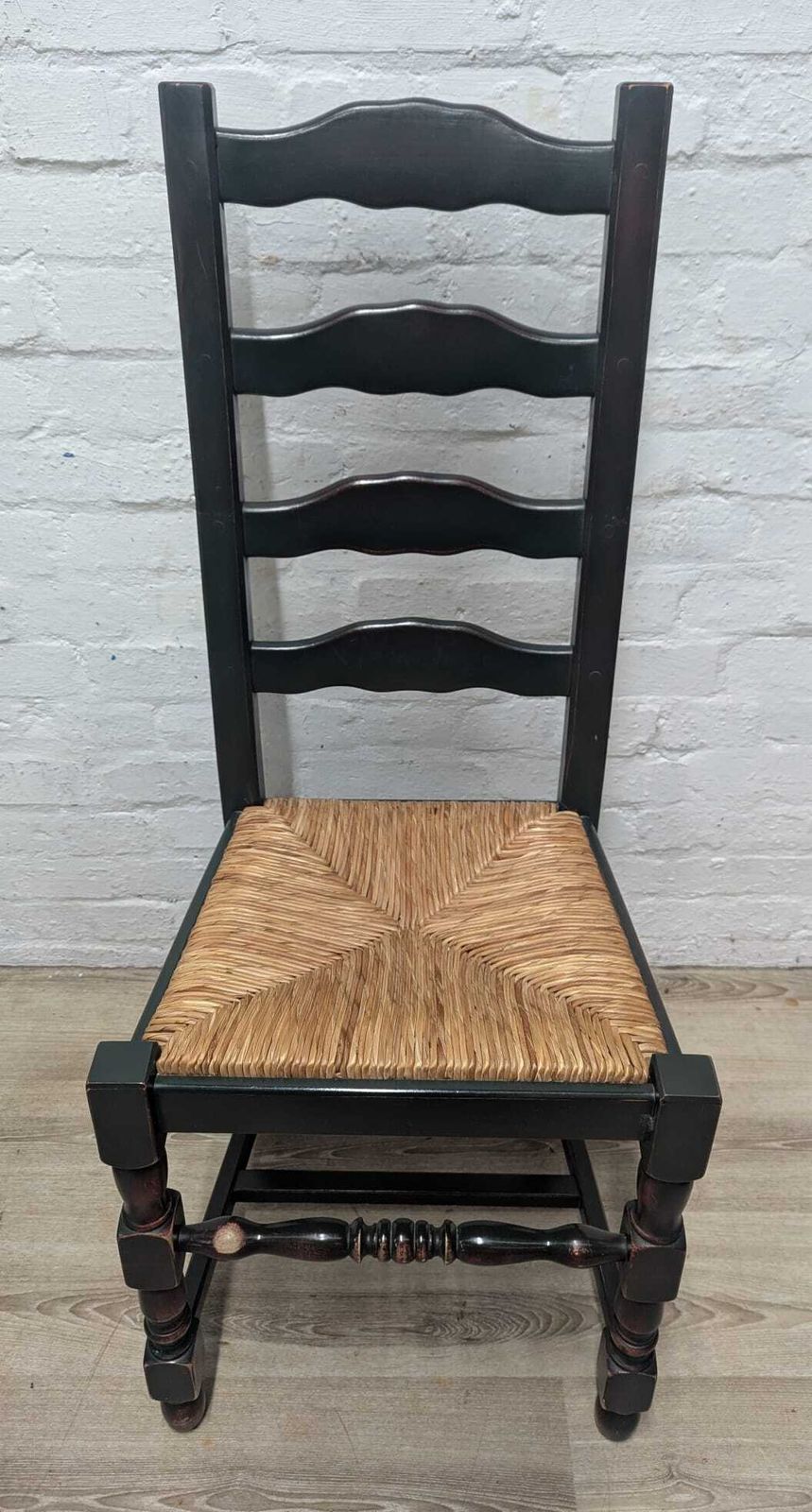 20th Century Oak Ladder Back Rush Seat Dining Chairs Bottle Green/Red photo for sale