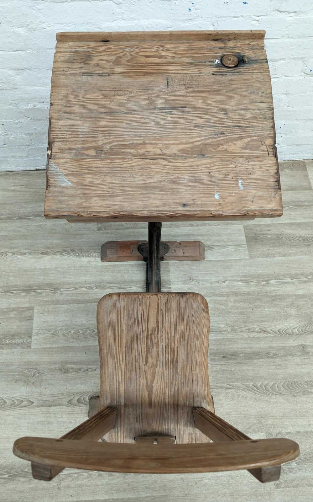 Early 20th Century Pitch Pine And Castle Iron Adjustable School Desk photo furniture