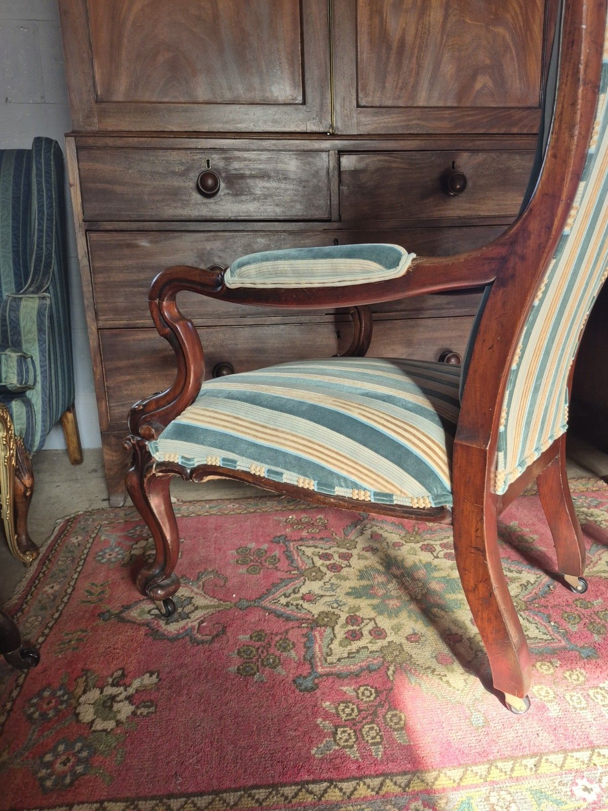 245.0 A Maximalist Curvaceous William IV/Victorian Library Armchair In Stripey Velvet photo