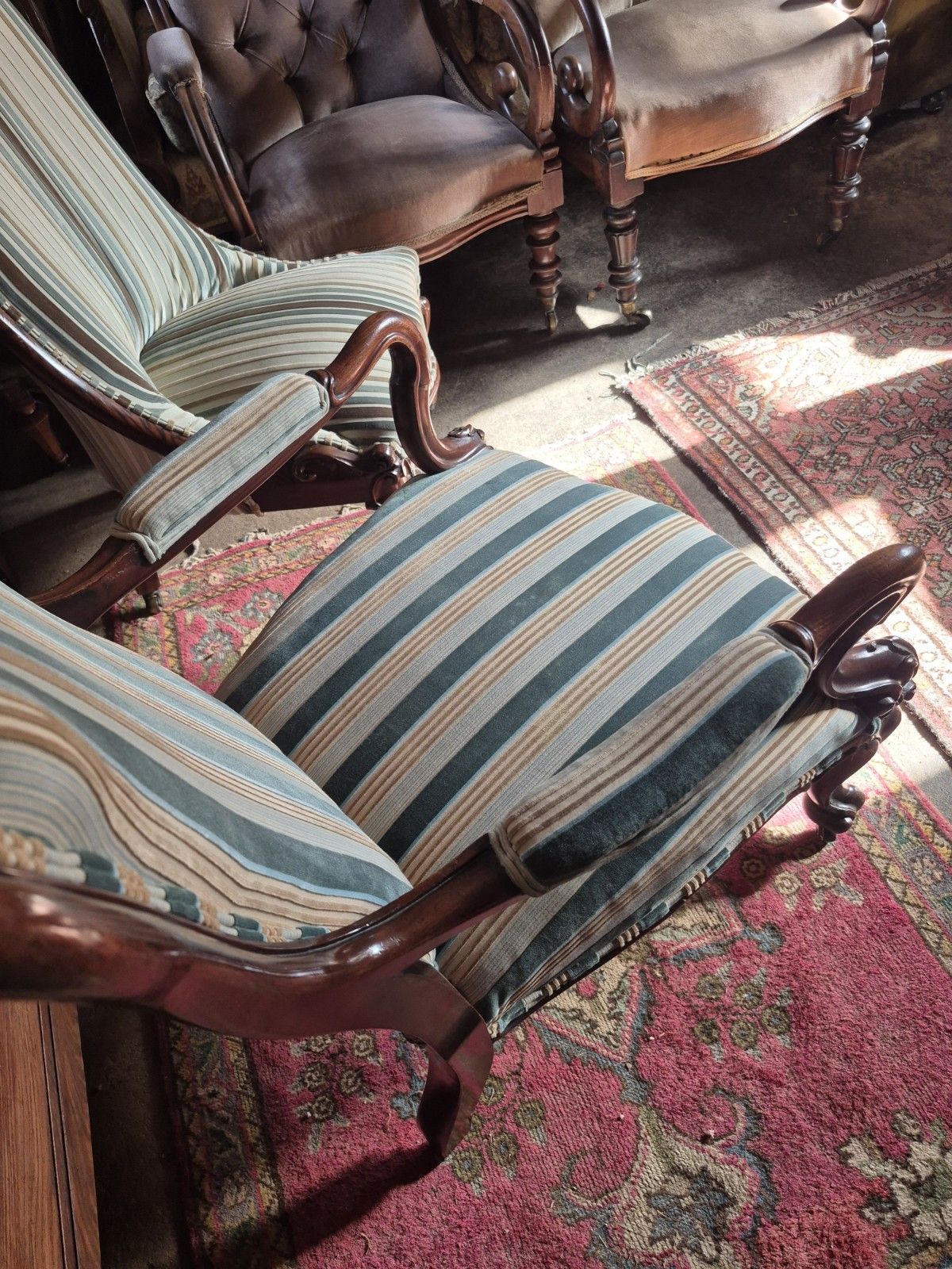 photo buy A Maximalist Curvaceous William IV/Victorian Library Armchair In Stripey Velvet