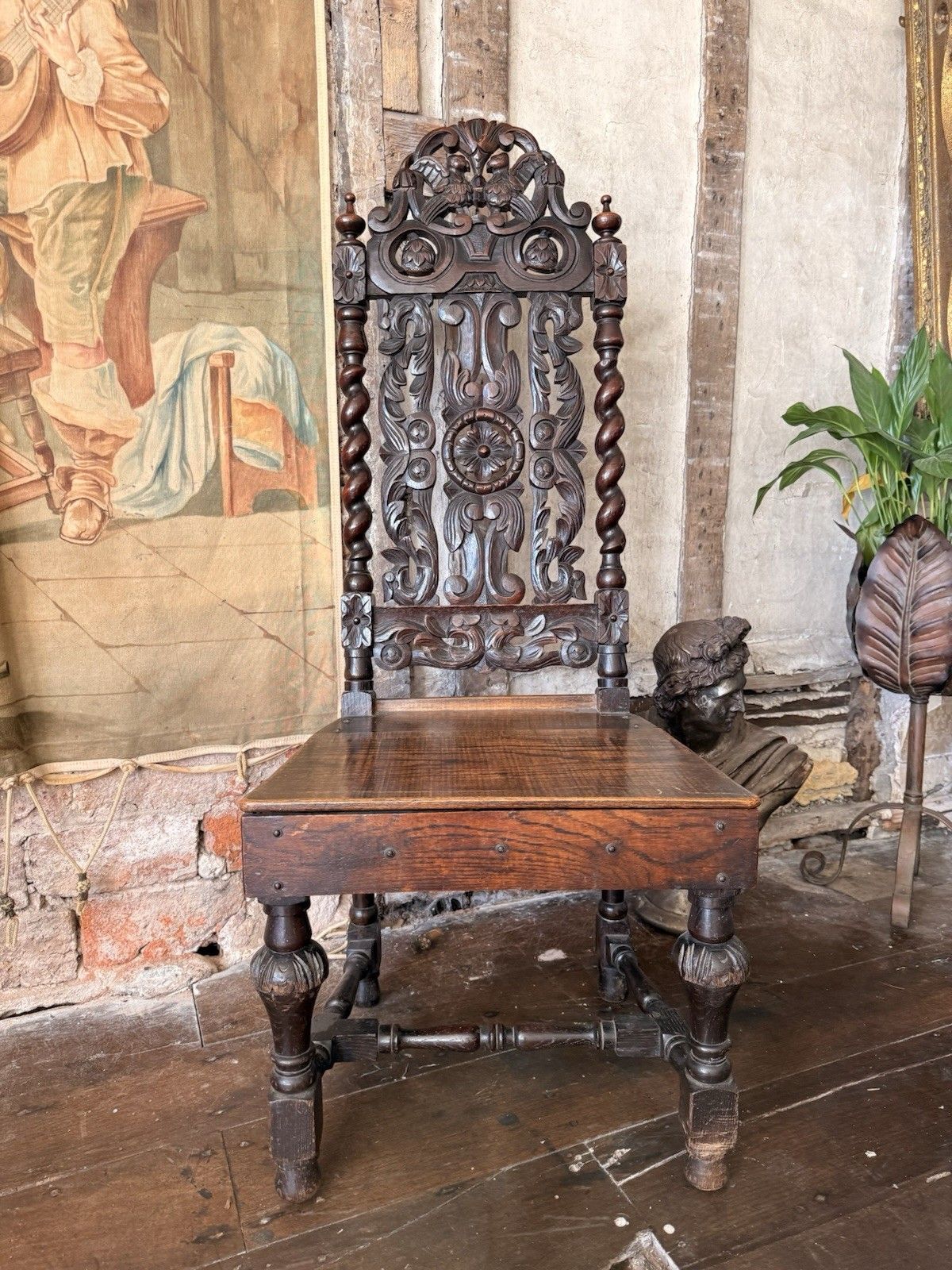 Elborate Antique Carved  Oak Barley Twist Carolean Gothic Hall Chair 19thc