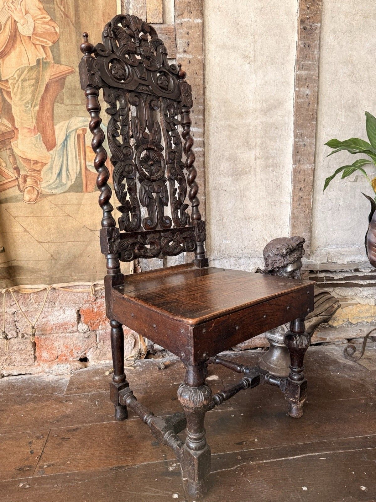 Elborate Antique Carved  Oak Barley Twist Carolean Gothic Hall Chair 19thc photo 399.0