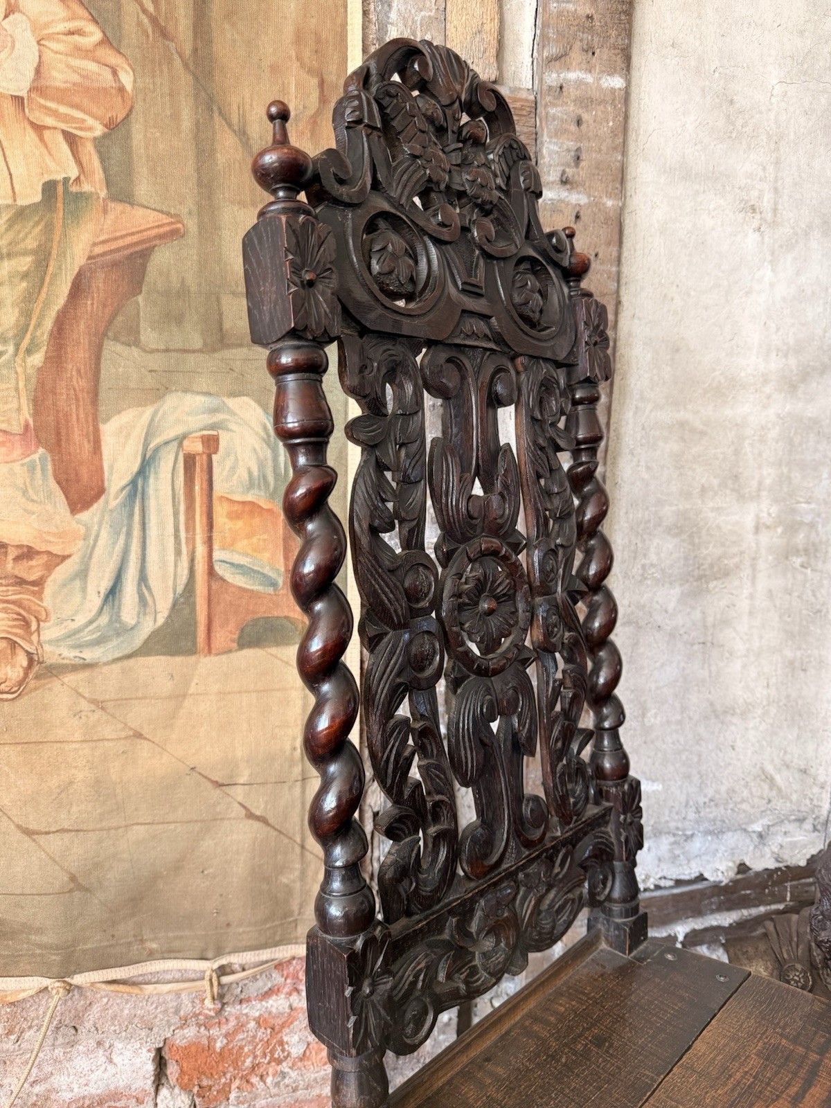 photo for sale Elborate Antique Carved  Oak Barley Twist Carolean Gothic Hall Chair 19thc