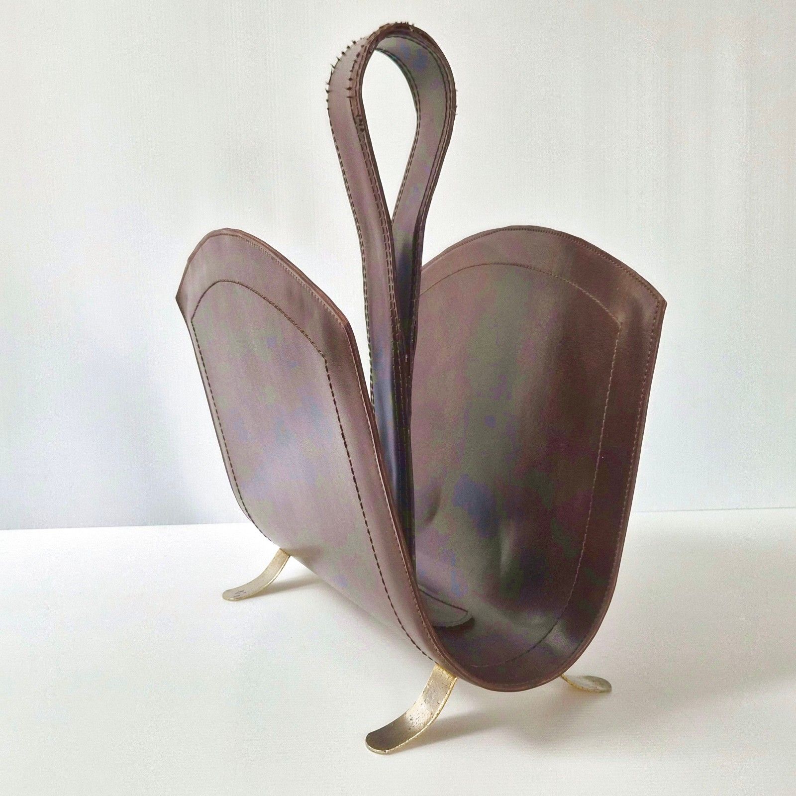 Home Decor Vintage 1970s Leather & Metal Gold Dlg Jacques Adnet Magazine Rack 70s 1970s Chic photo