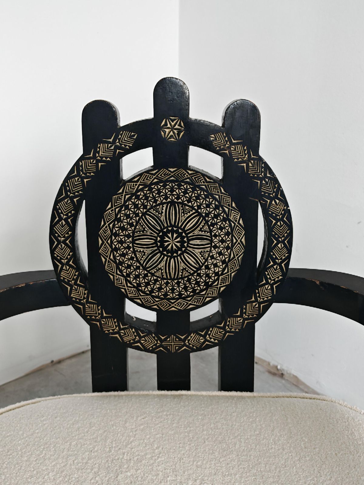 photo buy Throne Shaped Hand Carved Armchair In Ebonized Oak By Ettore Zaccari