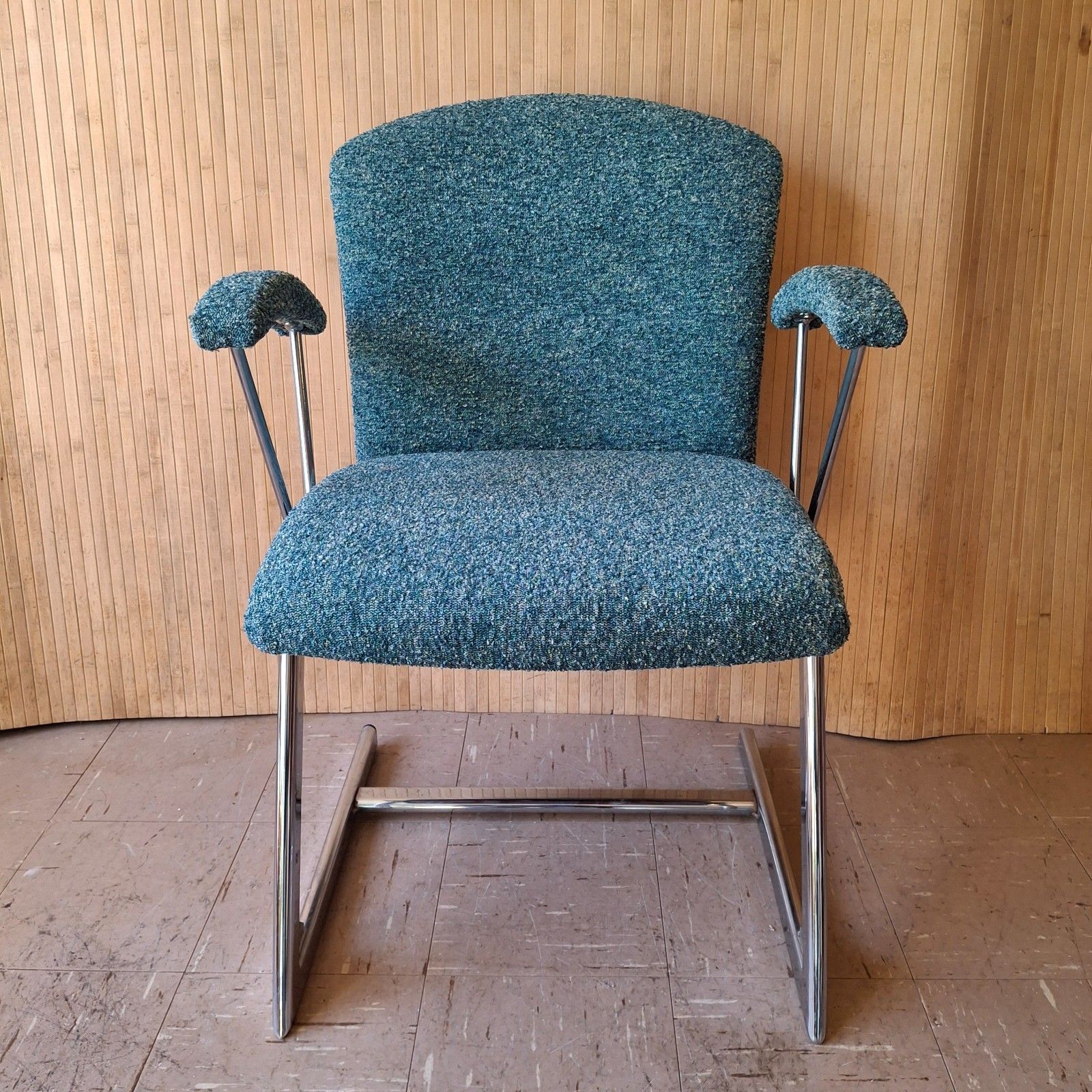 Fab Vintage 1970s Chrome Italian Cantilever Dining Office Chair Teal Mix Boucle photo for sale