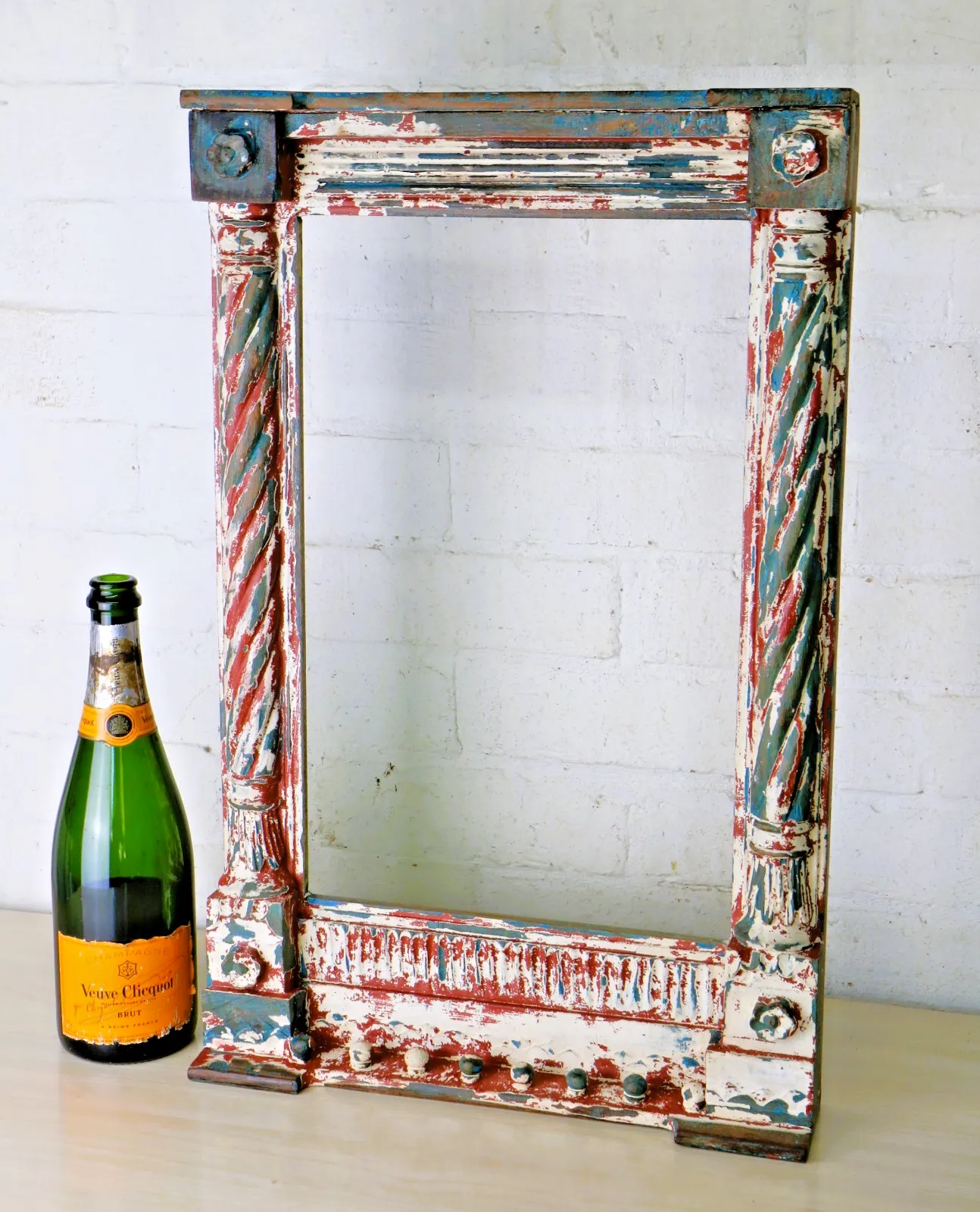 A Large Carved Wooden Frame Decorative Distressed Spiral Columns Rajasthan India
