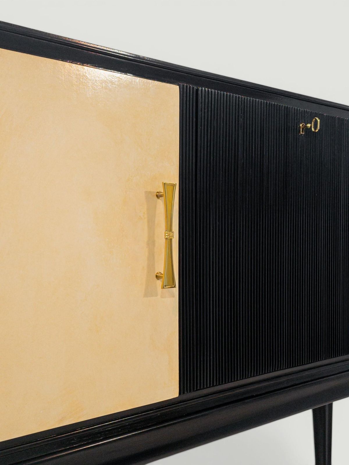 Italian Midcentury Black Lacquered Parchment Cabinet Bar Or Sideboard, 1950s photo vintage