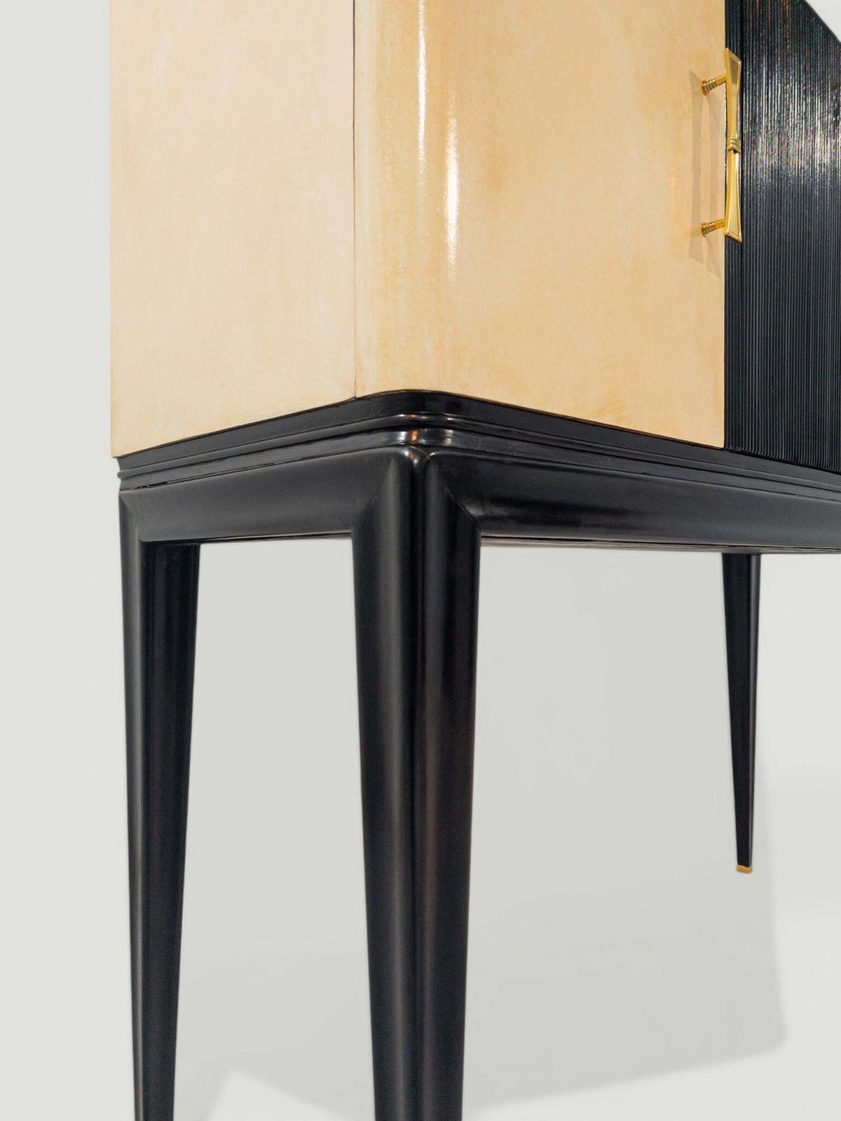 photo for sale Italian Midcentury Black Lacquered Parchment Cabinet Bar Or Sideboard, 1950s