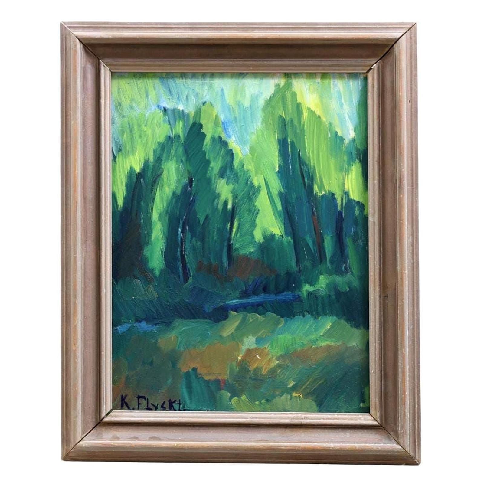 Original Mid Century Swedish Oil On Panel – “The Forest Landscape” By Kersti Flyckt – Vintage & Framed – 56.5 × 46 Cm (22.2" × 18.1 photo furniture