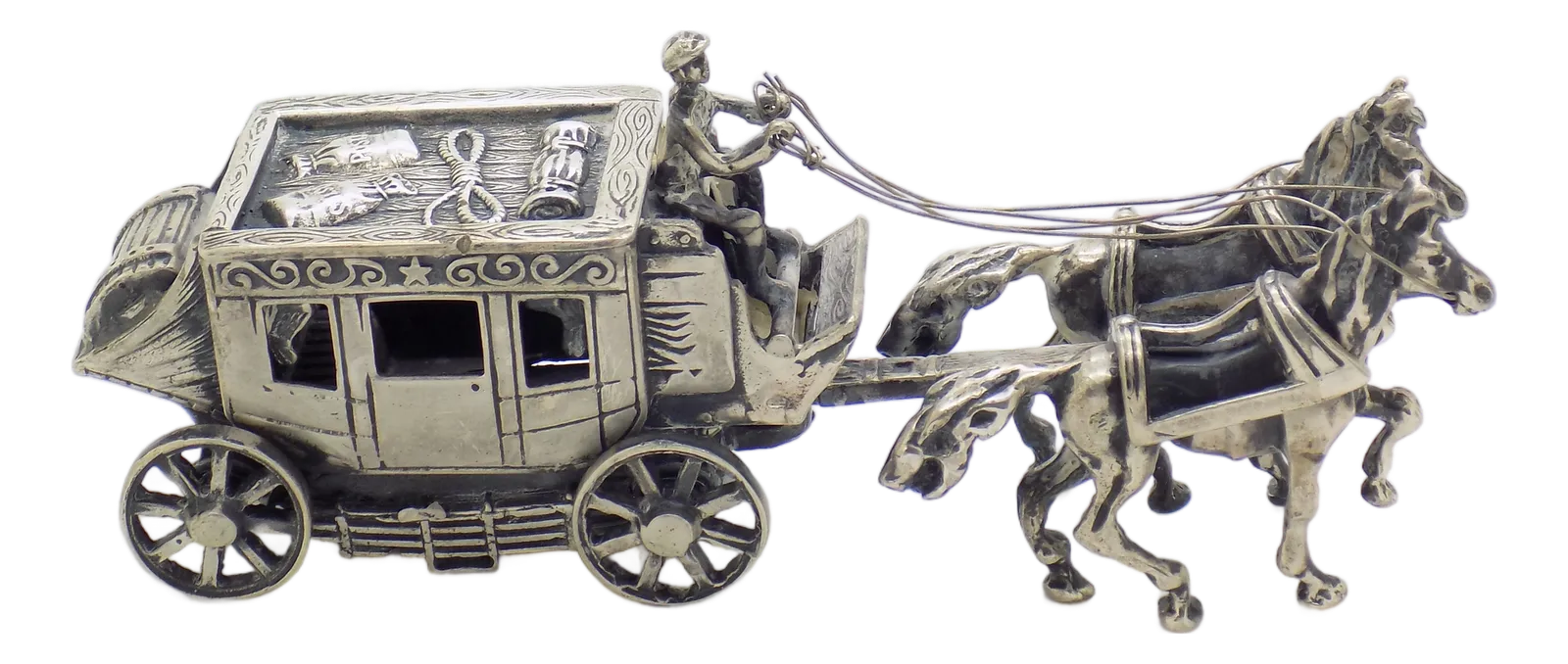 Large Vintage Italian Handmade Sterling Silver 925 Carriage With Horses, Tuscany, 1970s