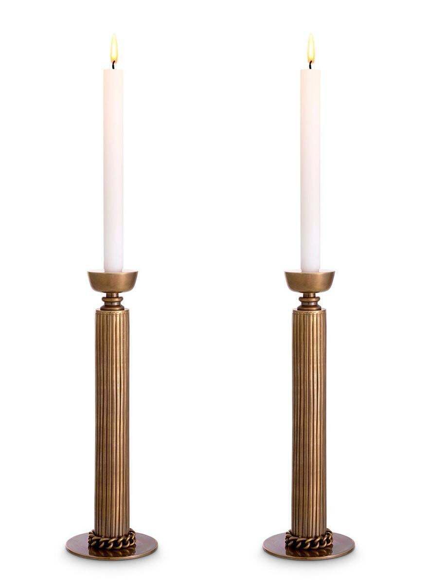Set Of Two Candle Holders In Vintage Brass Finish With Single Stem Design photo vintage