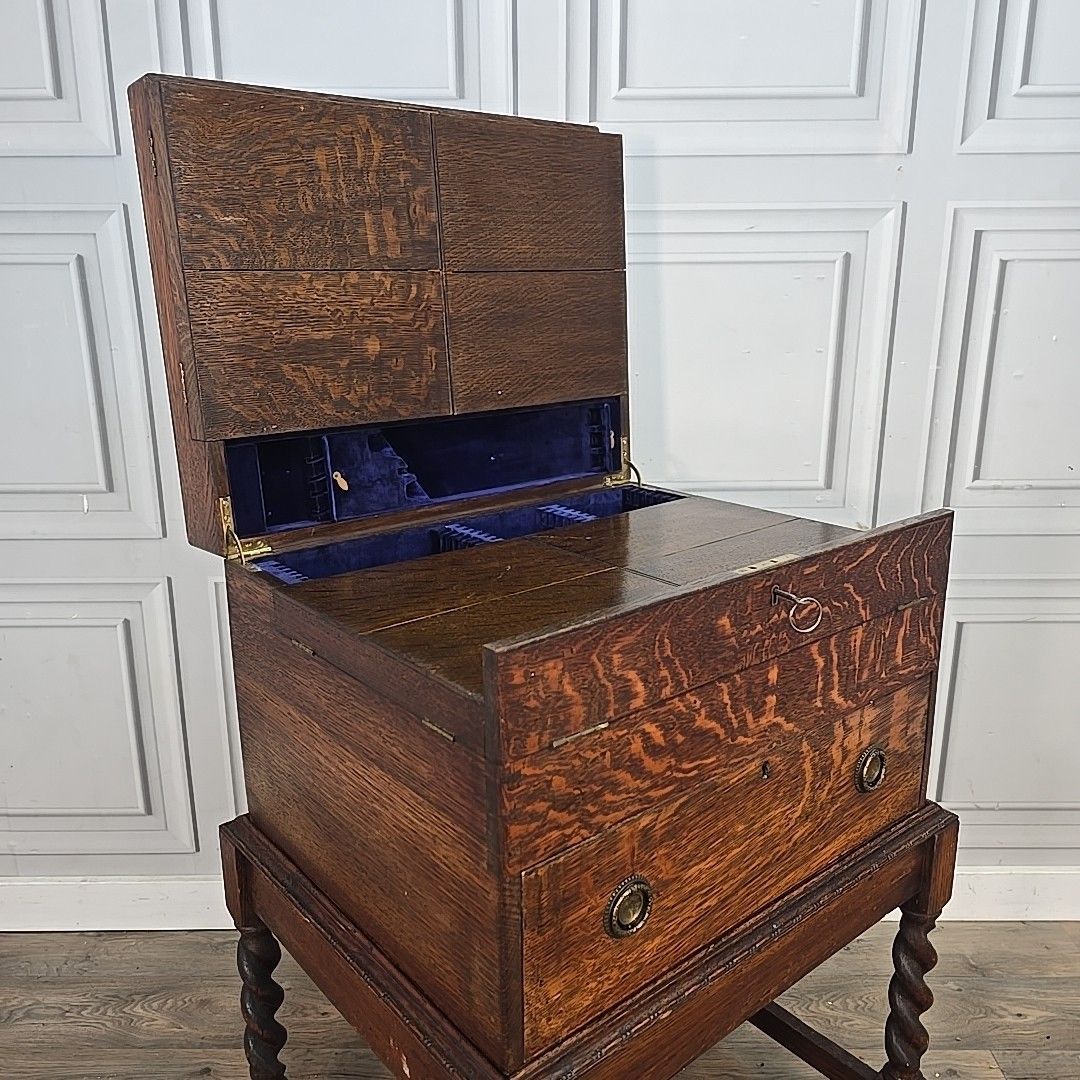 Antique Oak Cutlery Canteen Cabinet Table Barley Twist Wooden Storage Box Trunk photo vintage
