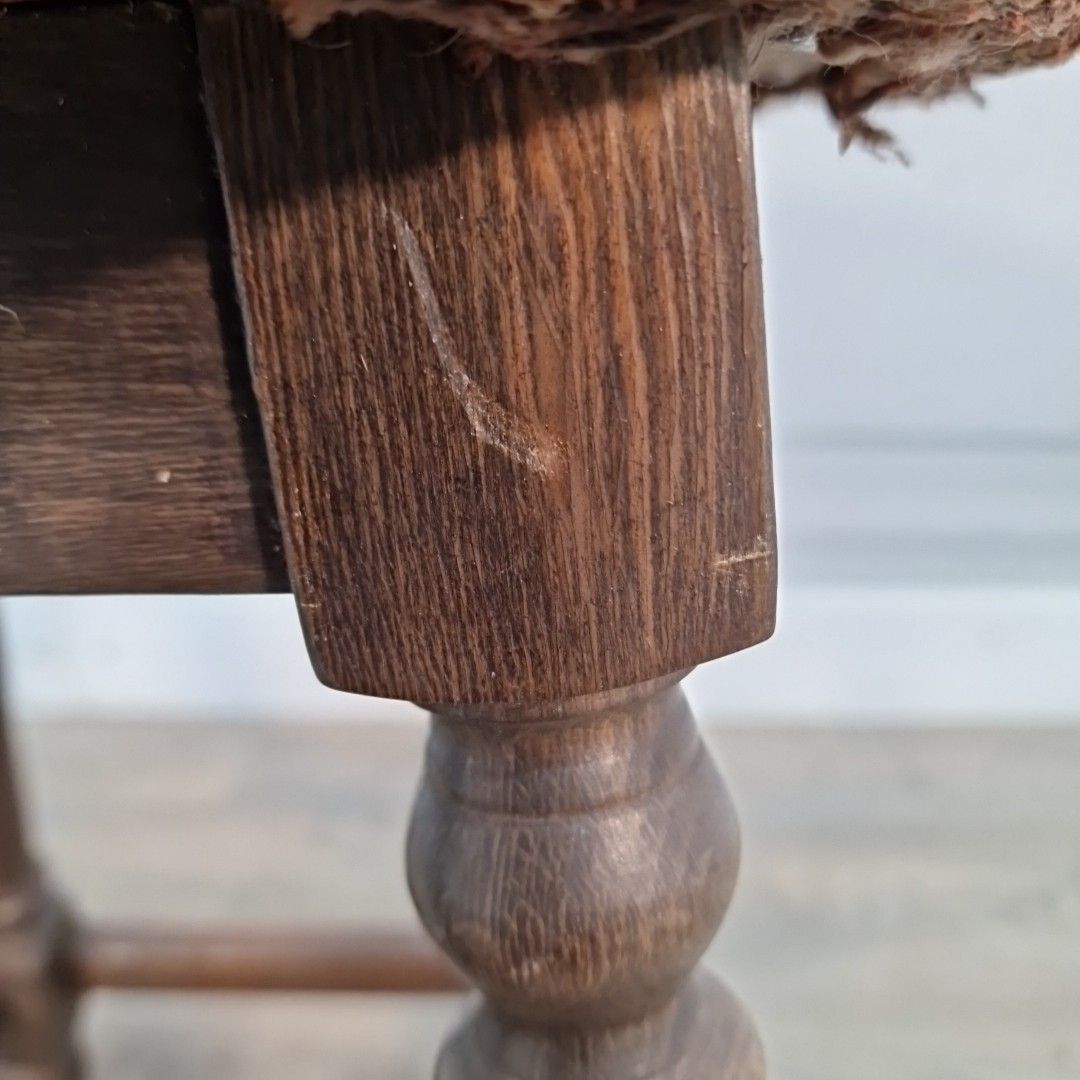 Furniture Vintage Wooden Pub Stool Upholstered Seat Bar Chair Turned Legs Retro Mancave photo