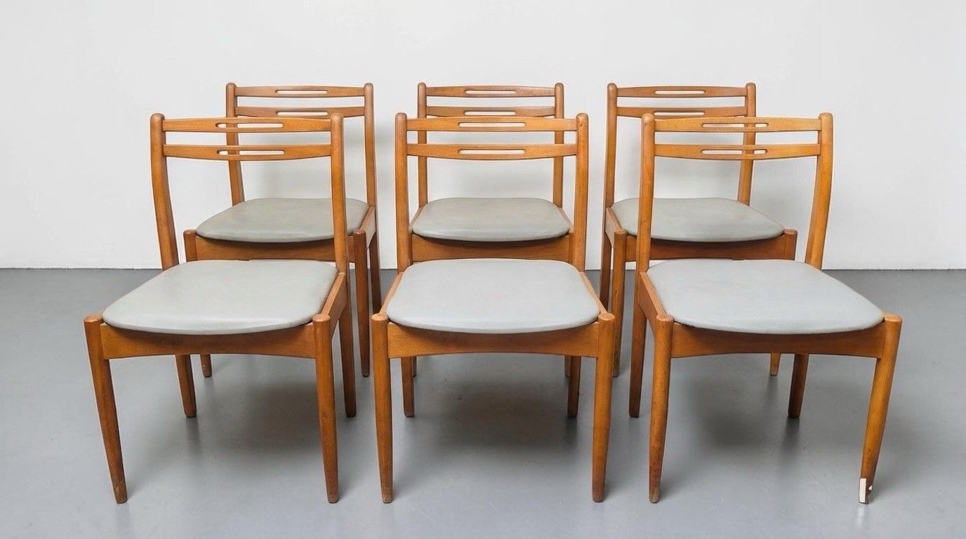 695.0 Set Of Seven Teak Morris Of Glasgow Dining Chairs Danish Style Rare Mid Century photo